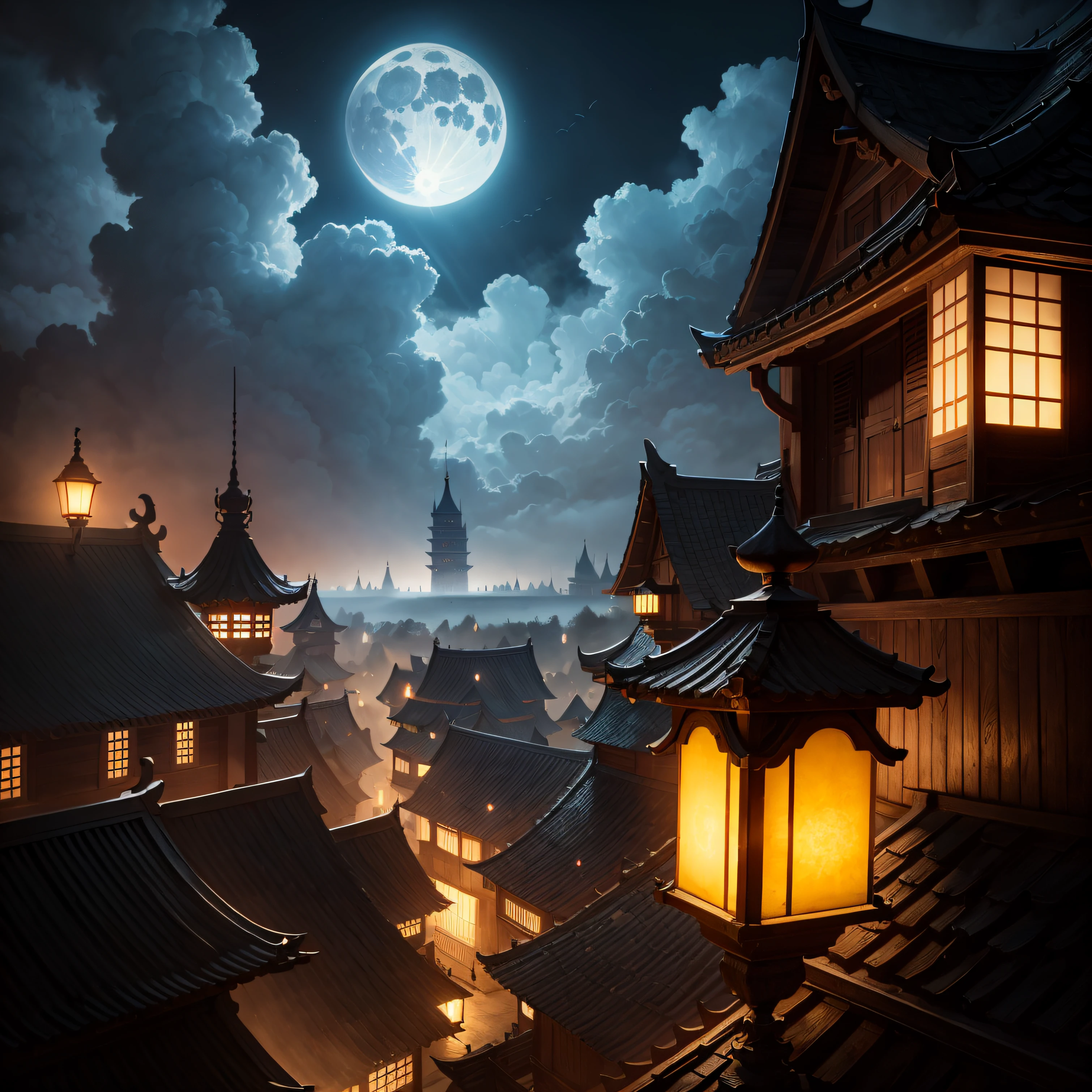 Very high walls,Close-up of the city walls,There is an attic above the city walls,Chinese-style architecture,The moonlight of the full moon is bright,Faint clouds float in the night sky,Light in the night,Old castle,City walls with drawbridges,Yokai smoke,empty of people,The yellow lanterns hanging in the attic were blown by the wind,The castle is in the center of the picture