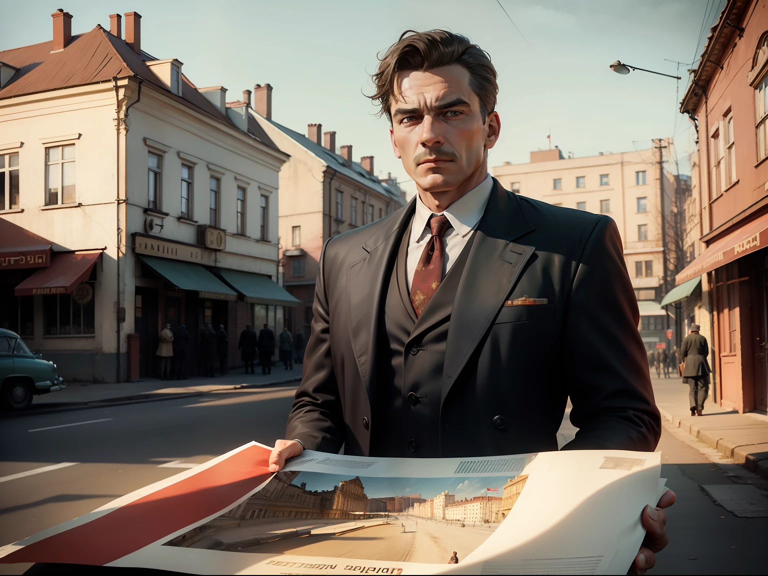 Detective photorealistic poster. Soviet Union, 1950 year, Men, dressed in fabric suits. Poster of a detective film, photo realism,. Detailed city street, ussr, 1950 year, Small town