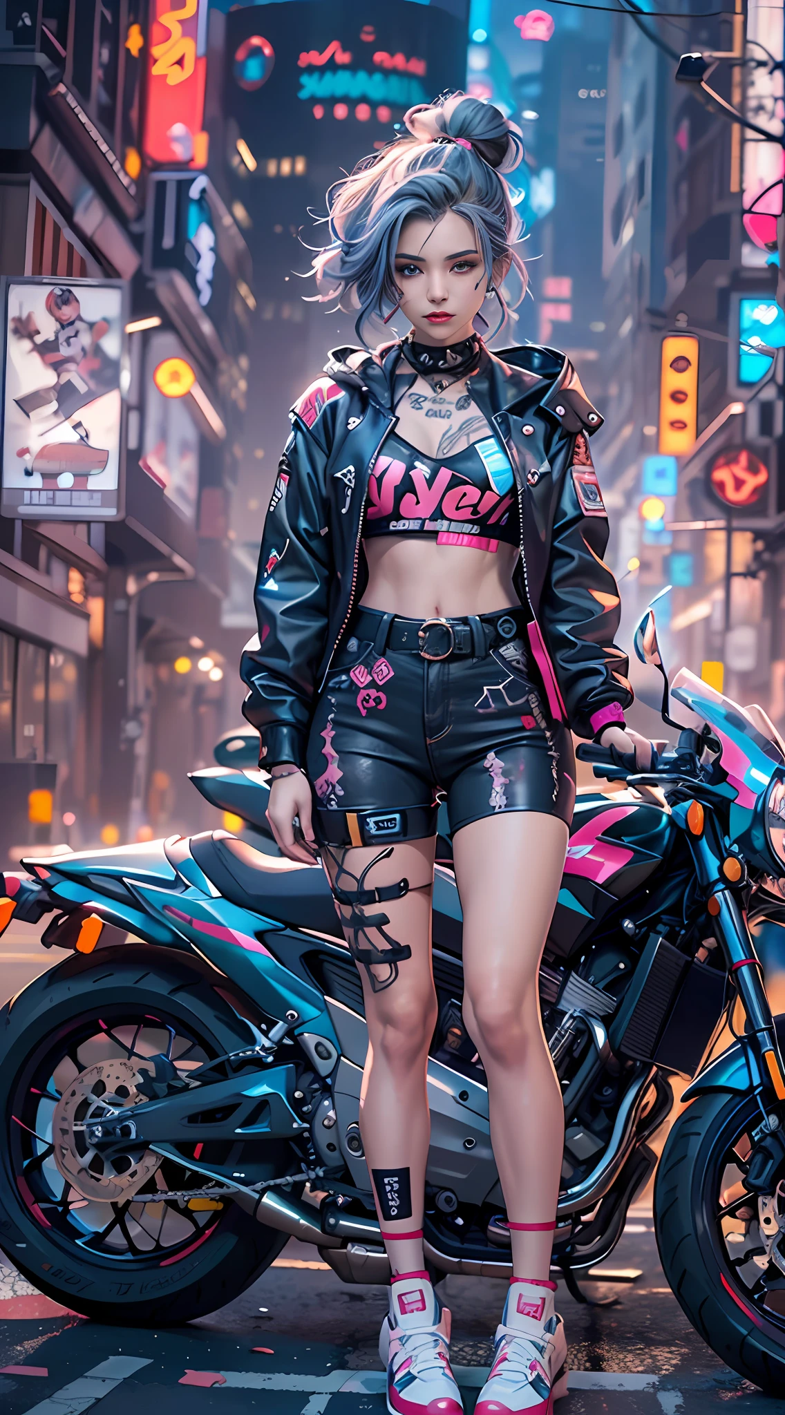 masterpiece, best quality, Confident cyberpunk girl, ((standing in front of motorcycle)), Harajuku-inspired pop outfit, bold colors and patterns, eye-catching accessories, trendy and innovative hairstyle, vibrant makeup, Cyberpunk dazzling cityscape, skyscrapers, neon signs, LED lights, bright and vivid color scheme, anime, illustration, detailed skin texture, detailed cloth texture, beautiful detailed face, intricate details, ultra detailed.