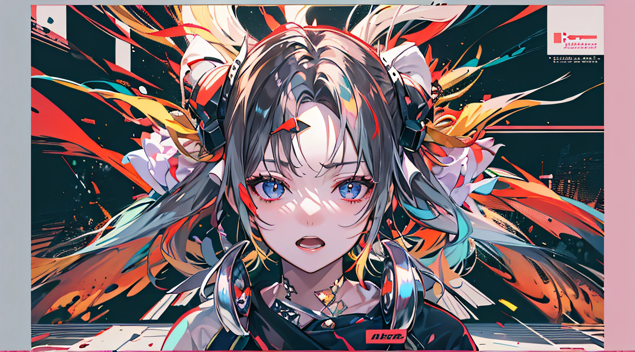 masterpiece,(top-quality),(1girl in) ,独奏, Look at viewers, (cover-style:1.3), Fashionable, femele, Glitch Screen Filter, outfits, the pose, the front, Dynamic, Background with, element, I'm confident, expresive, ngel, statement, covers, It's bold, captures the attention, titles, stylish, font, Catchy, headline, The large, impressive, focus, lo fashion,