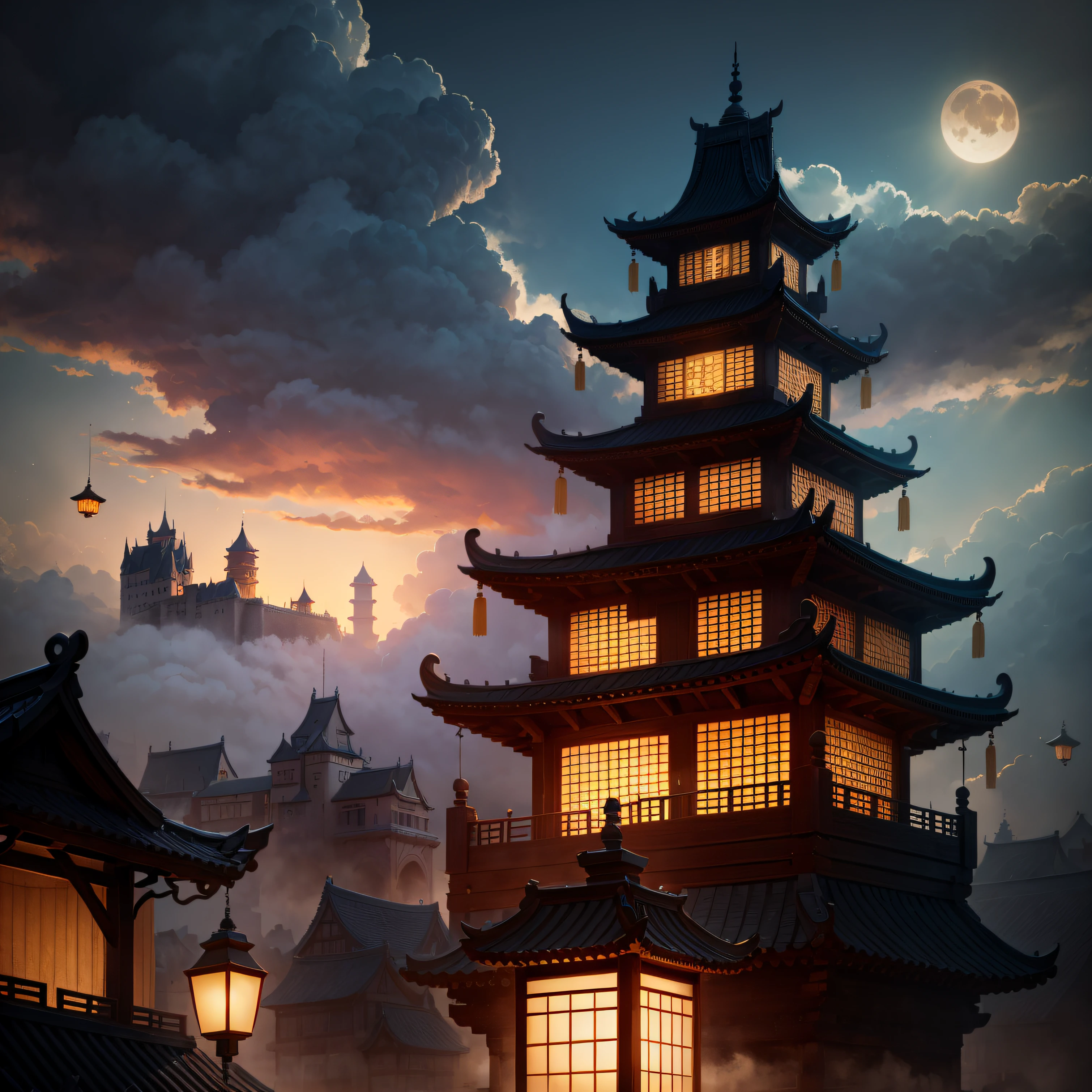 Very high walls，Close-up of the city walls，There is an attic above the city walls，Chinese-style architecture，The moonlight of the full moon is bright，Faint clouds float in the night sky，Light in the night，Old castle，City walls with drawbridges，Yokai smoke，empty of people，The yellow lanterns hanging in the attic were blown by the wind，The castle is in the center of the picture