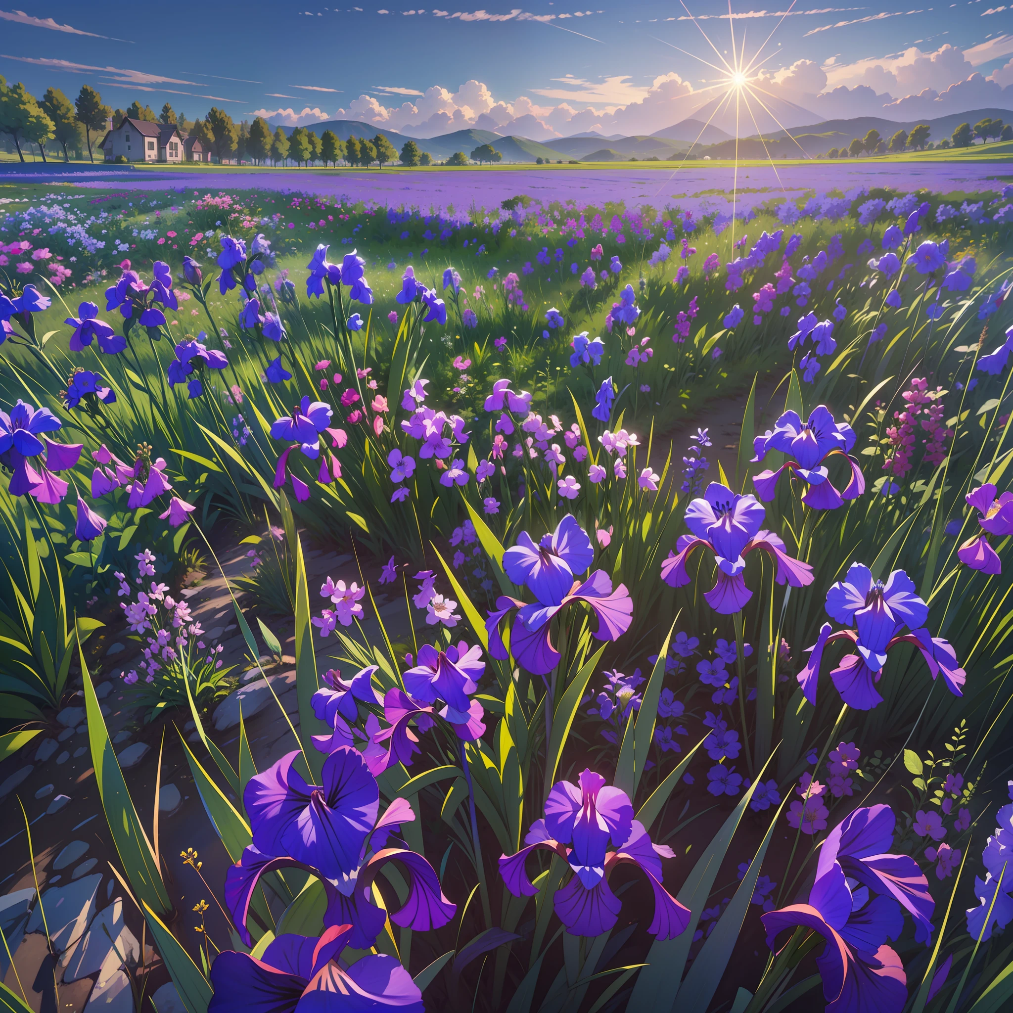 The endless grasslands are covered with blue iris flowers, Blue petals fall in the air, The sky is full of rainbows, realisticlying, 8K, Super detail,Faraway view