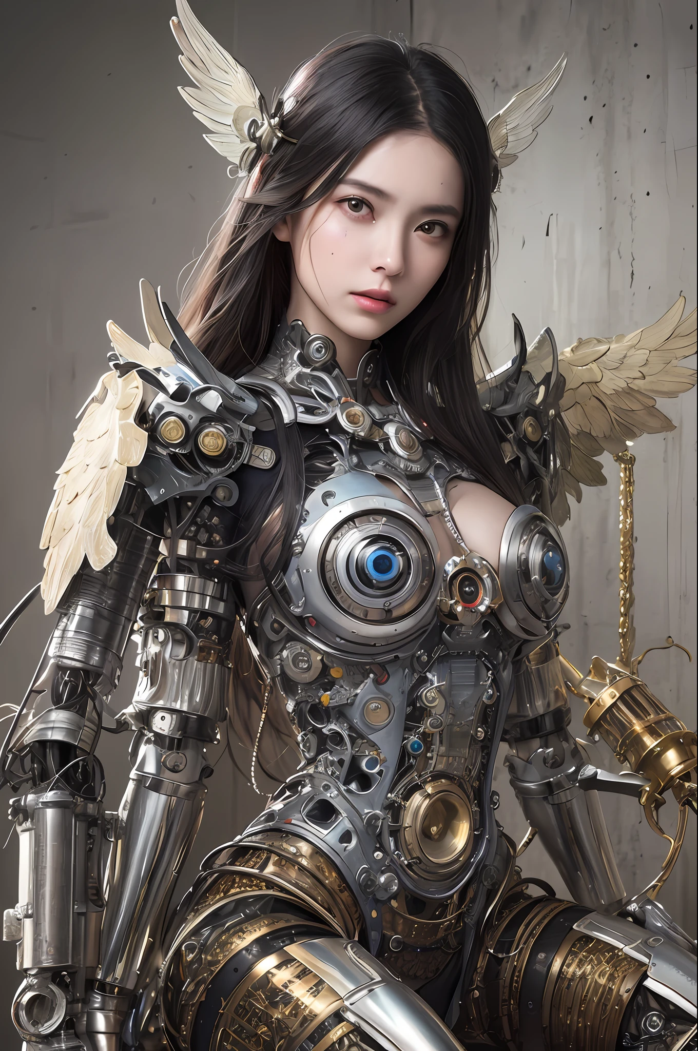 top-quality、masterpiece、超A high resolution、(Photorealsitic:1.4)、Raw photo、女の子1人、Black hair、glowy skin、1 Mechanical Angel、large metal wings、Shining Angel Circle、((super realistic details))、portlate、globalillumination、Shadow、octan render、8K、ultrasharp、Colossal tits、Raw skin is exposed in cleavage、metals、Details of complex ornaments、Steampunk details、vacuum tubes、Nixie Kan、Oil pressure gauge、Glass Kan、Analog Meter、gear wheel、gear、Hydraulic cylinder、highly intricate detail、Realistic light、a purple eye、radiant eyes、Facing the camera、neon details、Mechanical limbs、blood vessels connected to tubes、Mechanical vertebrae attached to the back、mechanical cervical attaching to neck、sitting on、Wires and cables connecting to the head、Small LED lamp、Sumerian details、