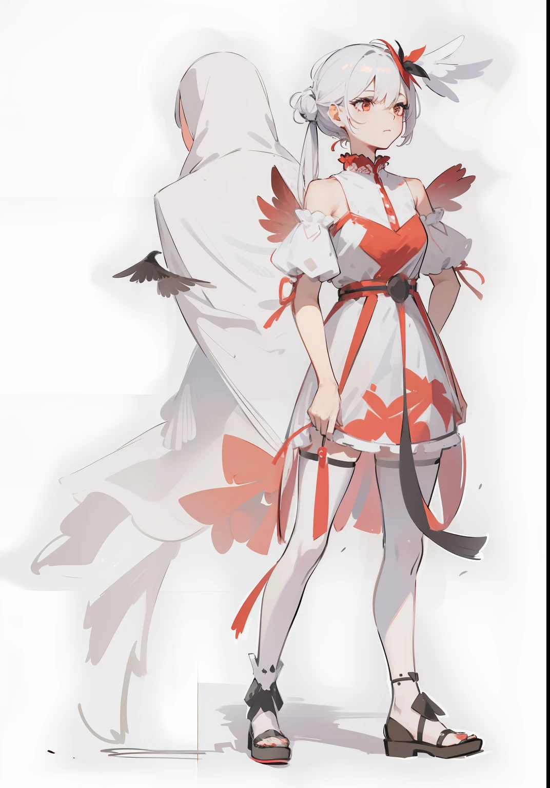 There are two men black and white hair girls in red feather dresses，There are cranes flying around, There is also an afterimage of a person on the back