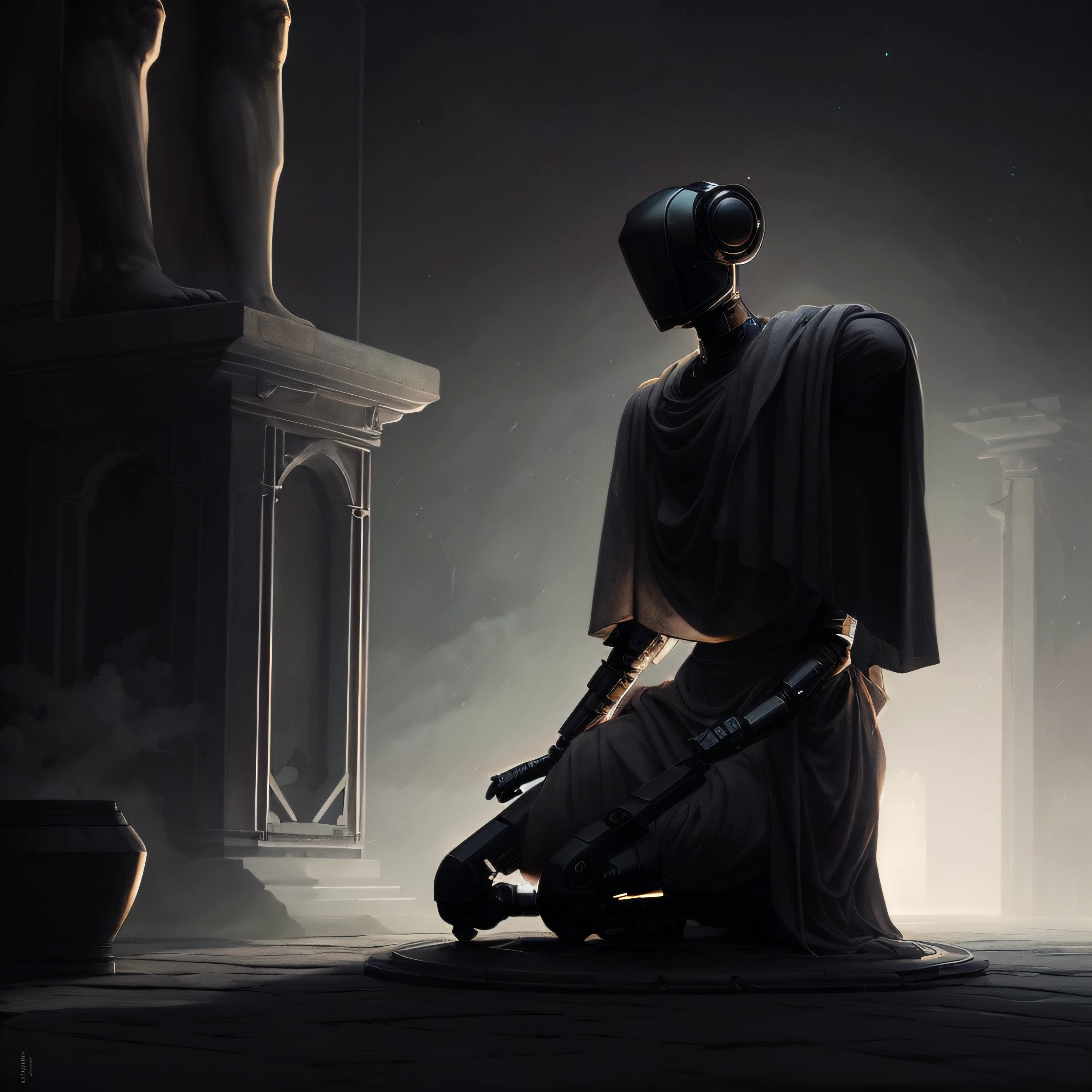 robo ajoelhado aos pes humanos de uma estatua em um templo escuro, arte conceitual escura fotorrealista, inspirado em Grzegorz Domaradzki, dramatic concept art, arte sombria surreal, Directed by: Artur Tarnowski, eerie nostalgic concept art, dramatic lighting. arte conceitual, Arte digital escura, mas detalhada, Yuri Shwedoff e Tom Bagshaw