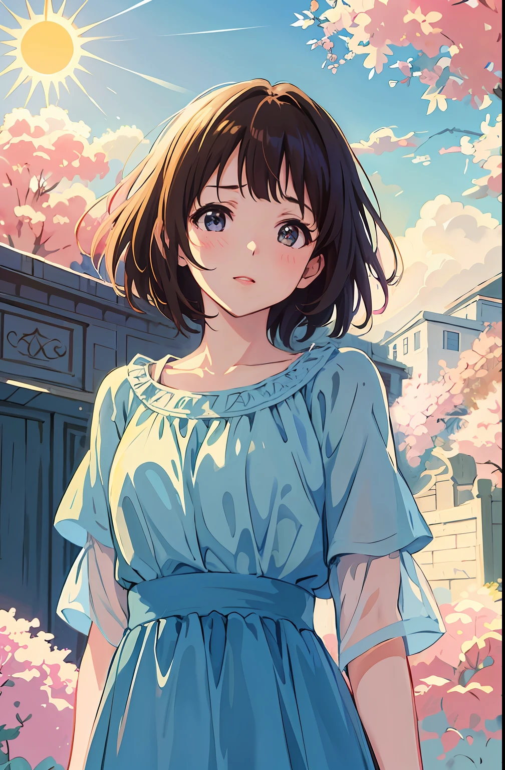 (highres, best quality:1.2), 1girl, radiance, soft contours, beautiful drawing, upper body, concept art, eyelashes, kyoani hyouka style, may, sun, spring, blue sky, detailed background, light blush, bright colors