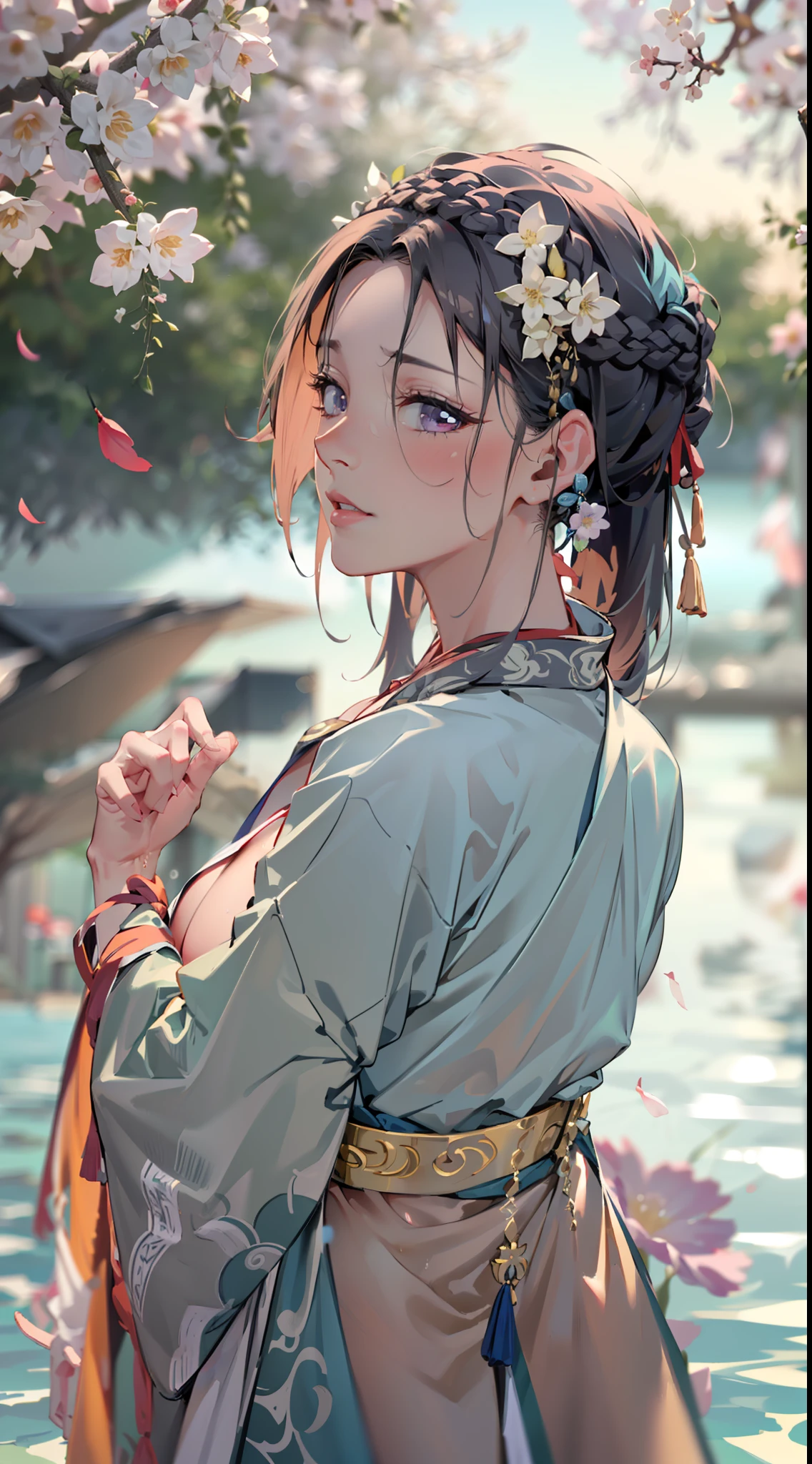 best quality, ultra high res, (photorealistic:1.3), nsfw, POV ,(solo:1.1), (1girl:1.1), (hanfugirl:1.4),adolescent, (nsfw:1.4641), (topless:1.4641), (open clothes:1.1), (doggystyle:1.331), (happy sex:1.2), (no panties:1.4), (off shoulder:1.1), (looking at viewer:1.331), (large breasts:1.61), (nipple:1.4641), hanfugirl, black hair, blunt bangs, parted bangs, high ponytail, half updo, (crown braid:1.21), braided bun, earrings, (half naked hanfu:1.414), (parted lips:1.1), (eyelashes:1.1), (happy:1.21), (depth of field:1.1), lens flare, (chromatic aberration:1.1), (caustics:1.1), in summer, (water:1.331), (water splash:1.21), branch, (beautiful detailed sky:1.331), (flower on liquid:1.331), (scattered luminous petals:1.331), ulzzang-6500,(keta-31500:0.75)