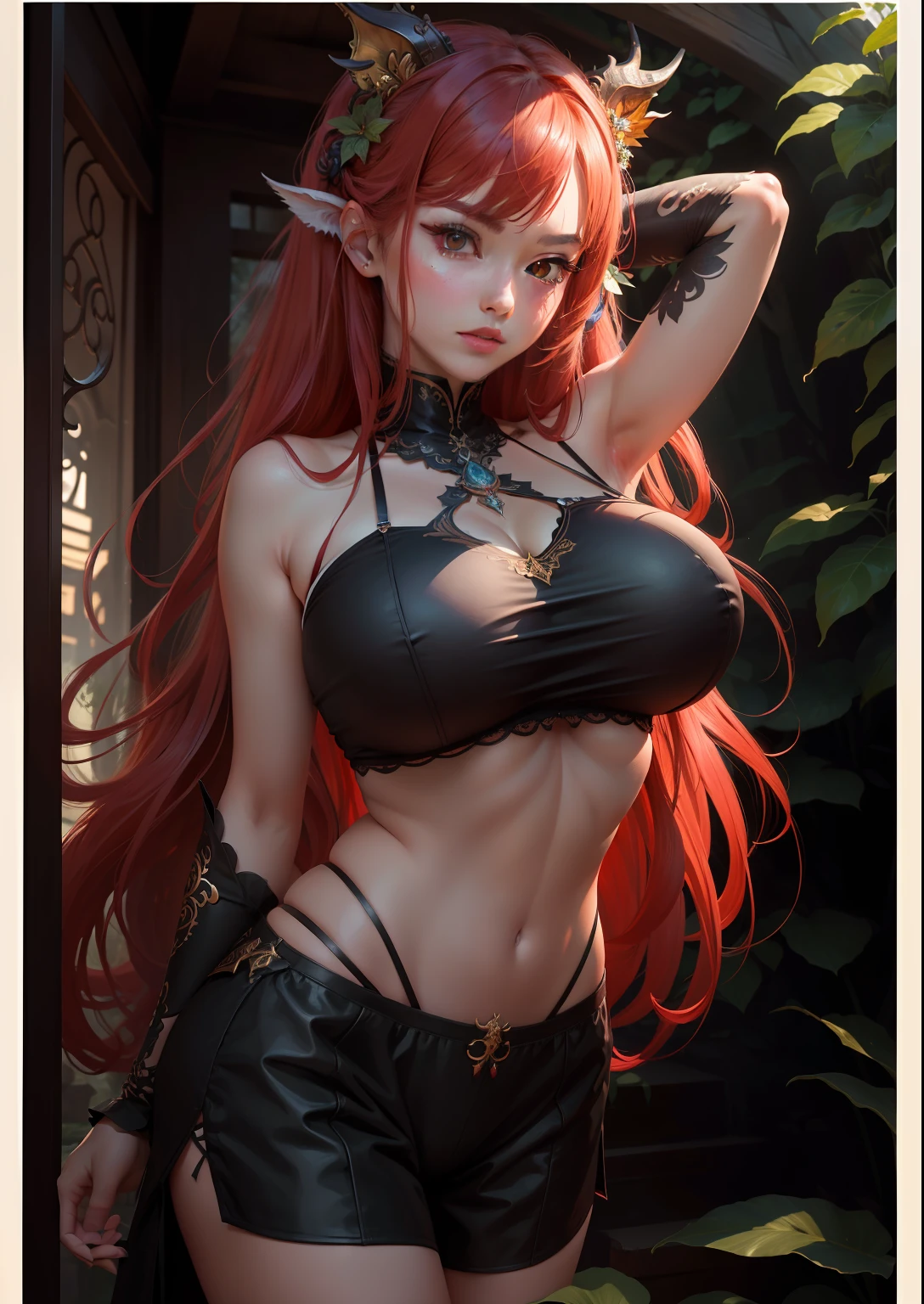 masterpiece, best quality, high resolution, fine detail, incredibly detailed and beautiful, different_images, 1 girl, solo, from below, old ping hair, red eyes, dragon horn, (big boobs), (lower chest), outdoor, plants , botanical gardens, dolphinshorts, arms behind