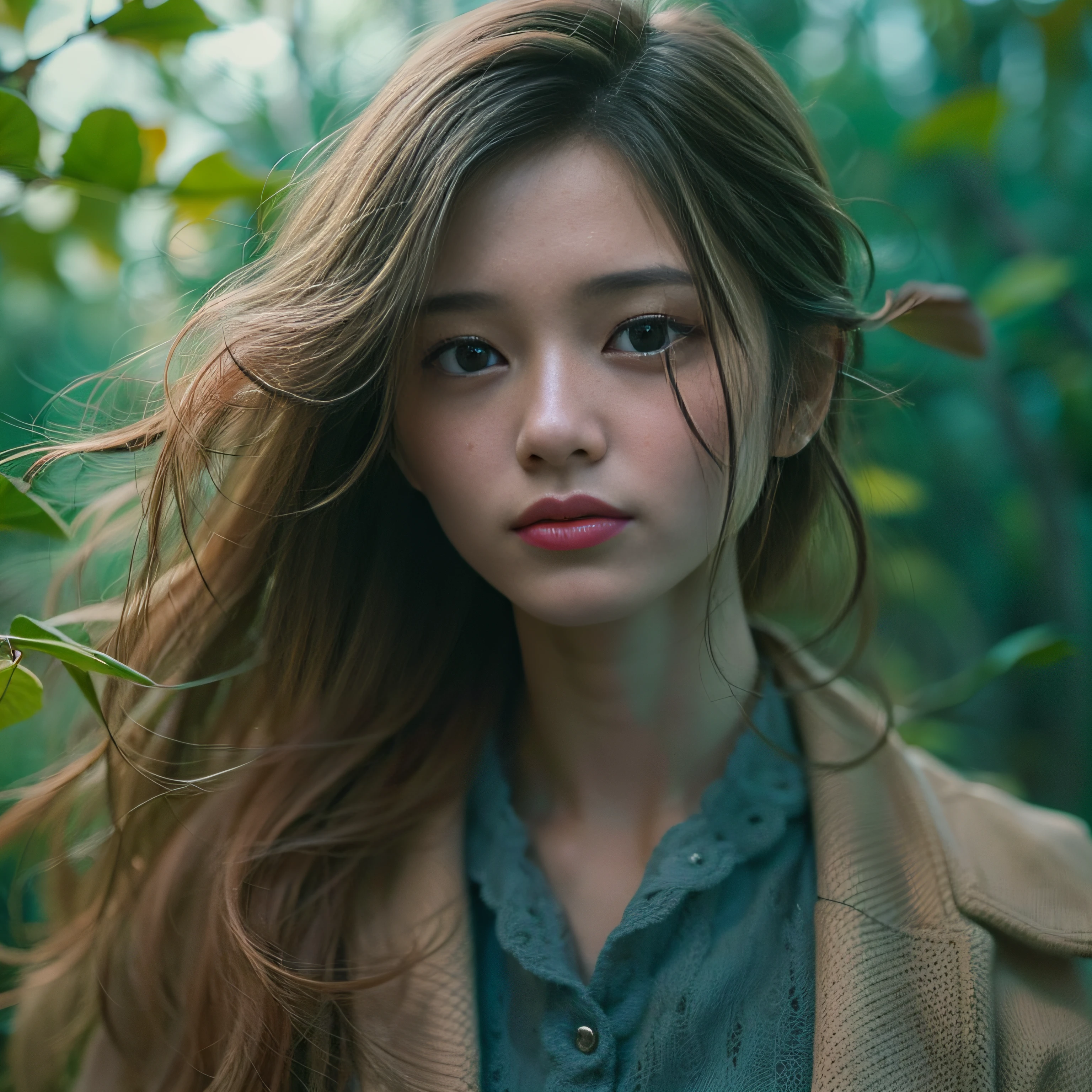 Retrato de close-up impressionante de uma mulher jovem e bonita com RAW, analog style and impressive features. Ela deveria ter muito tempo, flowing hair, um olhar sedutor, e um visual atraente. The background is neutral and simple, permitindo que a mulher seja o ponto focal da imagem. Pay attention to details, como realces e sombras no rosto e no cabelo, para criar imagens realistas e realistas. Experiment with different lighting techniques to enhance the mood and atmosphere of your portrait. The final product should be a masterpiece that captures the essence and beauty of a woman ((Very detailed skin, detalhes da pele)), foco nítido, volumetric fog, 8k, UHD, DSLR, alta qualidade, filmic grain, Fujifilm XT3, Vestido de manga comprida, wool dress, Vestido florete azul escuro, Wearing a wool coat, cabelo cortado curto, cabelos desgrenhados, vento, esquina antiga, Vento Norte, folhas mortas, fallen-leaves, fallen leaves fluttering in the wind, frio, frio, esquina lotada de enfeites natalinos, Girl looking lonely alone, Luzes, Luzes da cidade laranja, luzes quentes, Luzes de Natal, luzes borradas, sad expression, tears in my eyes, a ray of tears, Espalhamento de neve, tokyo tower