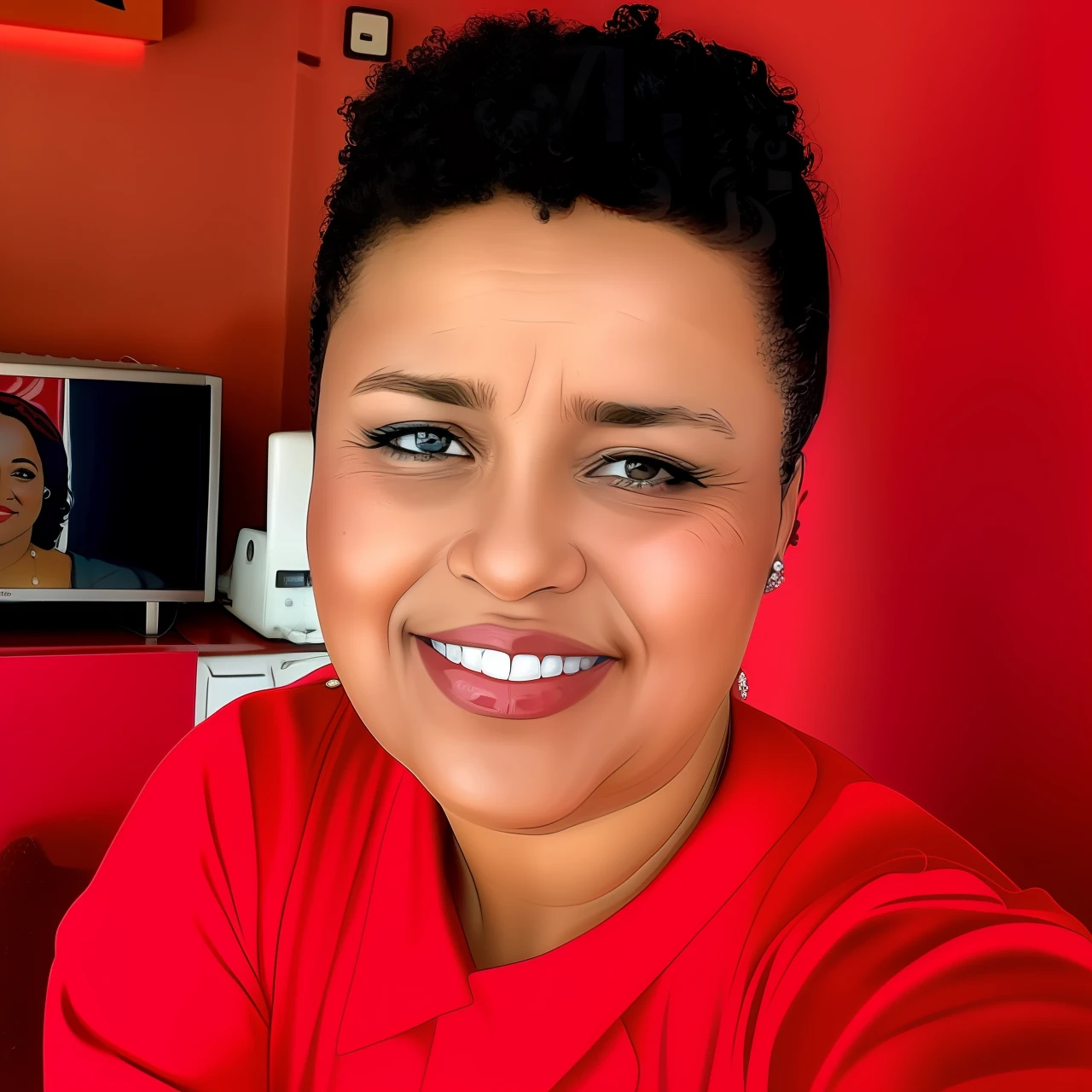 Smiling woman with red hair and a blue shirt in front of a television, Afro vermelho, Parece Fabiula Nascimento, Anos Imane, Directed by: Nandor Soldier, Malika Favre, taken in the early 2020s, Directed by: Willian Murai, Mulher de 30 anos, 3 0 anos de idade mulher, com cabelos ruivos