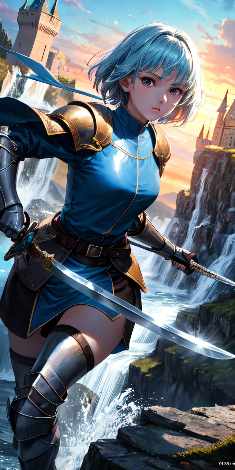 1girl, short blond blue hair, Holy Knight, Shining Shield, Sharp Sword, Fighting Postures, Masterpiece, medieval castle on top of a mountain, waterfall, 1girl, short blond blue hair, Holy Knight, Shining Shield, Sharp Sword, Fighting Postures, Masterpiece, medieval castle on top of a mountain, waterfall, realistic