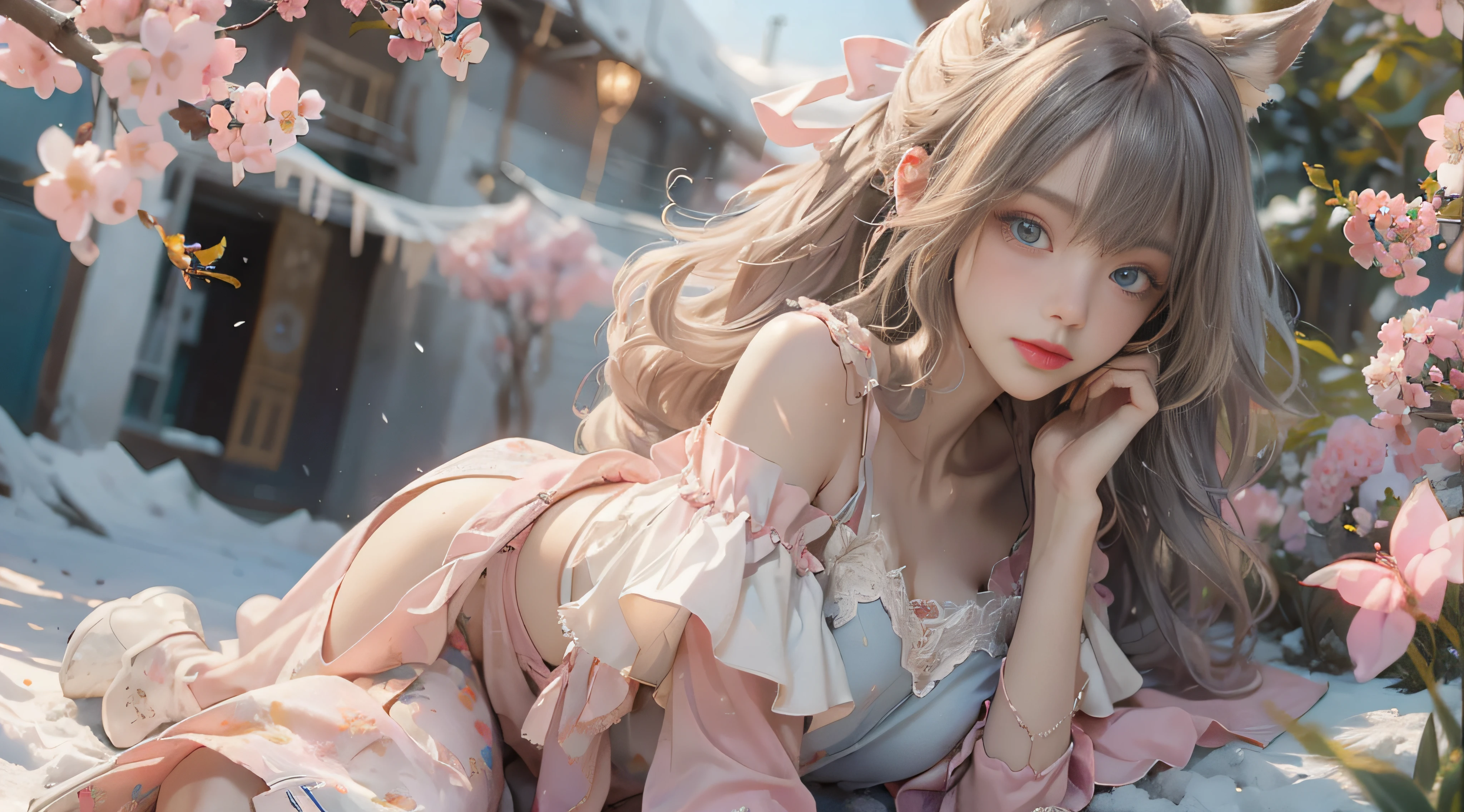 ((best qualtiy)), ((tmasterpiece)), (detail:1.4), Beautiful cyberpunk female images,hdr(HighDynamicRange),Ray traching,NVIDIA RTX,Hyper-Resolution,illusory 5,sub surface scattering,PBR textures,post-proces,Anisotropy Filtering,depth of fields,maximum definition and sharpness,Many-Layer Textures,Albedo e mapas Speculares,Surface coloring,Mitsu-Accurate simulation of material interactions,perfectly proportioned,rendering by octane,Two-colored light,largeaperture,Low ISO,White balance,Rule three points、8K raw data、Beautiful bright blue pupils,off-the-shoulder clothes,Fine pupils,Delicate face and eyes,long eyelasher,Blushlush,Delicate and fluffy hair,pink lip,Pure,Cute face,Sweet girl,Artistic sense,Casual wear,Advancedsense,butterflys,Cherry blossom petal,Beautiful hair accessories,Long hair and waist,Hair fluttering in the wind,Snow-white fox ears,curlies,Snow-white fluffy tail