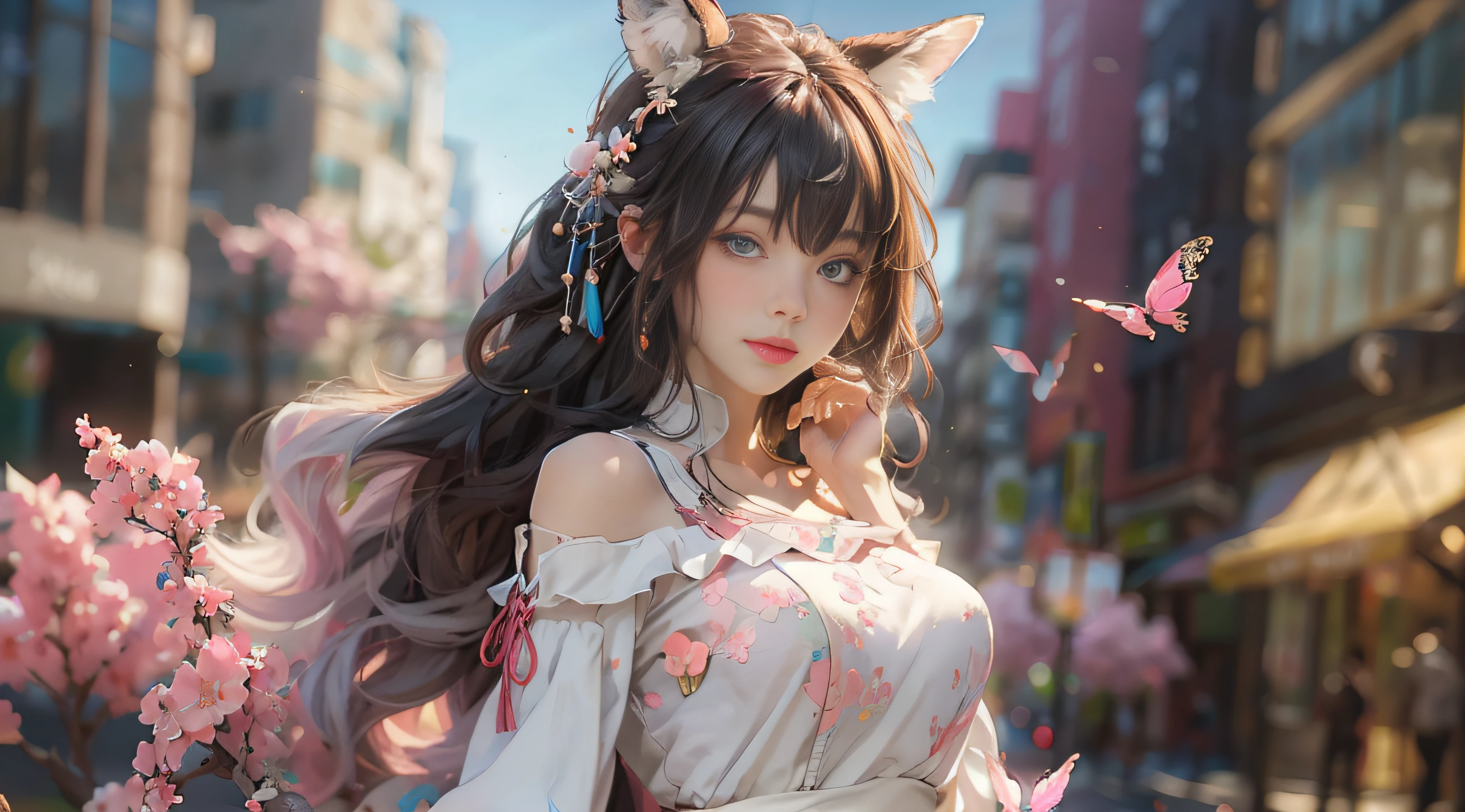 ((best qualtiy)), ((tmasterpiece)), (detail:1.4), Beautiful cyberpunk female images,hdr(HighDynamicRange),Ray traching,NVIDIA RTX,Hyper-Resolution,illusory 5,sub surface scattering,PBR textures,post-proces,Anisotropy Filtering,depth of fields,maximum definition and sharpness,Many-Layer Textures,Albedo e mapas Speculares,Surface coloring,Mitsu-Accurate simulation of material interactions,perfectly proportioned,rendering by octane,Two-colored light,largeaperture,Low ISO,White balance,Rule three points、8K raw data、Beautiful bright blue pupils,off-the-shoulder clothes,Fine pupils,Delicate face and eyes,long eyelasher,Blushlush,Delicate and fluffy hair,pink lip,Pure,Cute face,Sweet girl,Artistic sense,Casual wear,Advancedsense,butterflys,Cherry blossom petal,Beautiful hair accessories,Long hair and waist,Hair fluttering in the wind,Snow-white fox ears,curlies,Snow-white fluffy tail