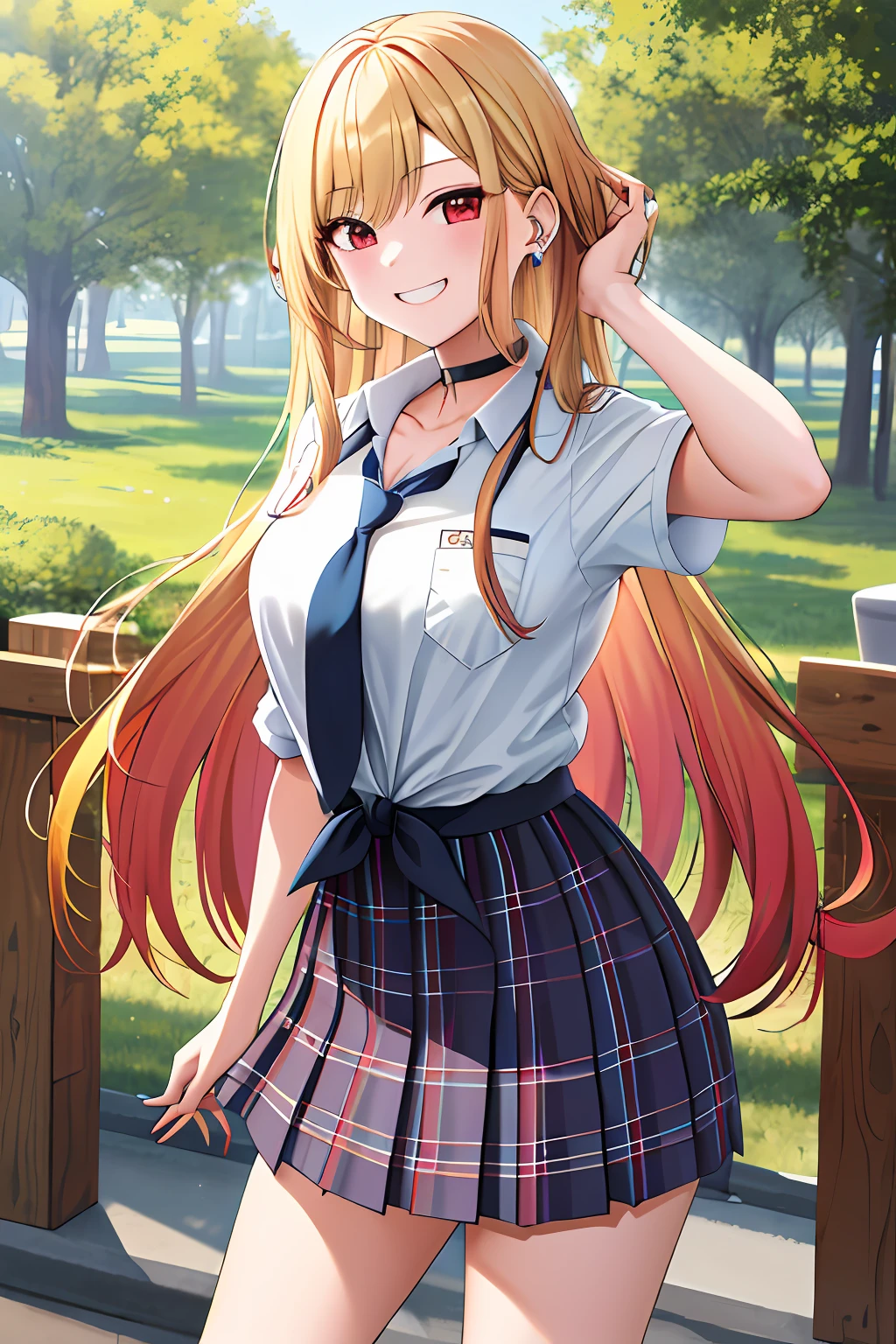 masterpiece, best quality, highres, kitagawa marin, 1girl, blonde hair, long hair, multicolored hair, red eyes, jewelry, earrings, piercing, school uniform, white shirt, tied shirt, black choker, blue necktie, plaid skirt, grin, smile, standing, cowboy shot, outdoors,
