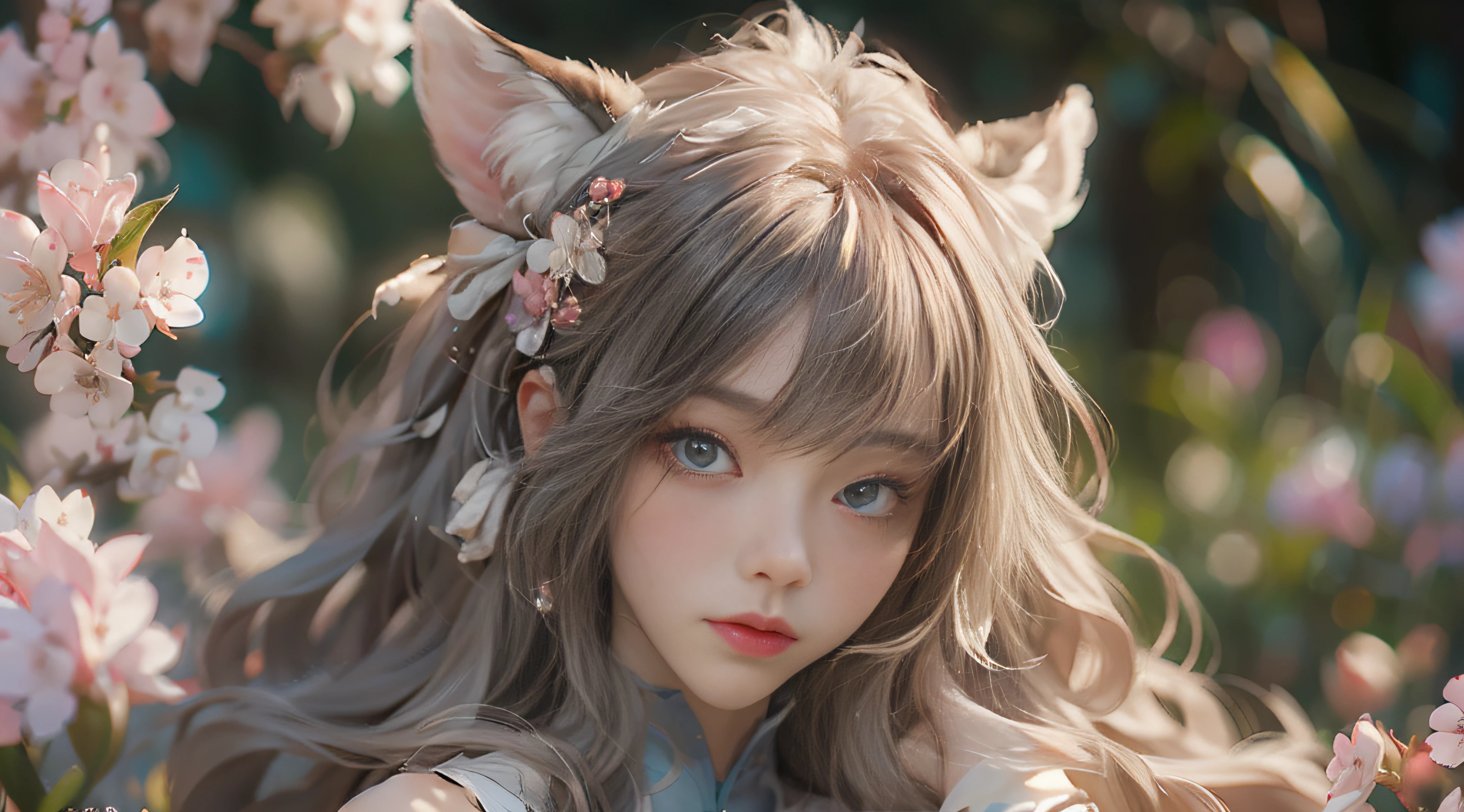 ((best qualtiy)), ((tmasterpiece)), (detail:1.4), Beautiful cyberpunk female images,hdr(HighDynamicRange),Ray traching,NVIDIA RTX,Hyper-Resolution,illusory 5,sub surface scattering,PBR textures,post-proces,Anisotropy Filtering,depth of fields,maximum definition and sharpness,Many-Layer Textures,Albedo e mapas Speculares,Surface coloring,Mitsu-Accurate simulation of material interactions,perfectly proportioned,rendering by octane,Two-colored light,largeaperture,Low ISO,White balance,Rule three points、8K raw data、Beautiful bright blue pupils,off-the-shoulder clothes,Fine pupils,Delicate face and eyes,long eyelasher,Blushlush,Delicate and fluffy hair,pink lip,Pure,Cute face,Sweet girl,Artistic sense,Casual wear,Advancedsense,butterflys,Cherry blossom petal,Beautiful hair accessories,Long hair and waist,Hair fluttering in the wind,Snow-white fox ears,curlies,Snow-white fluffy tail
