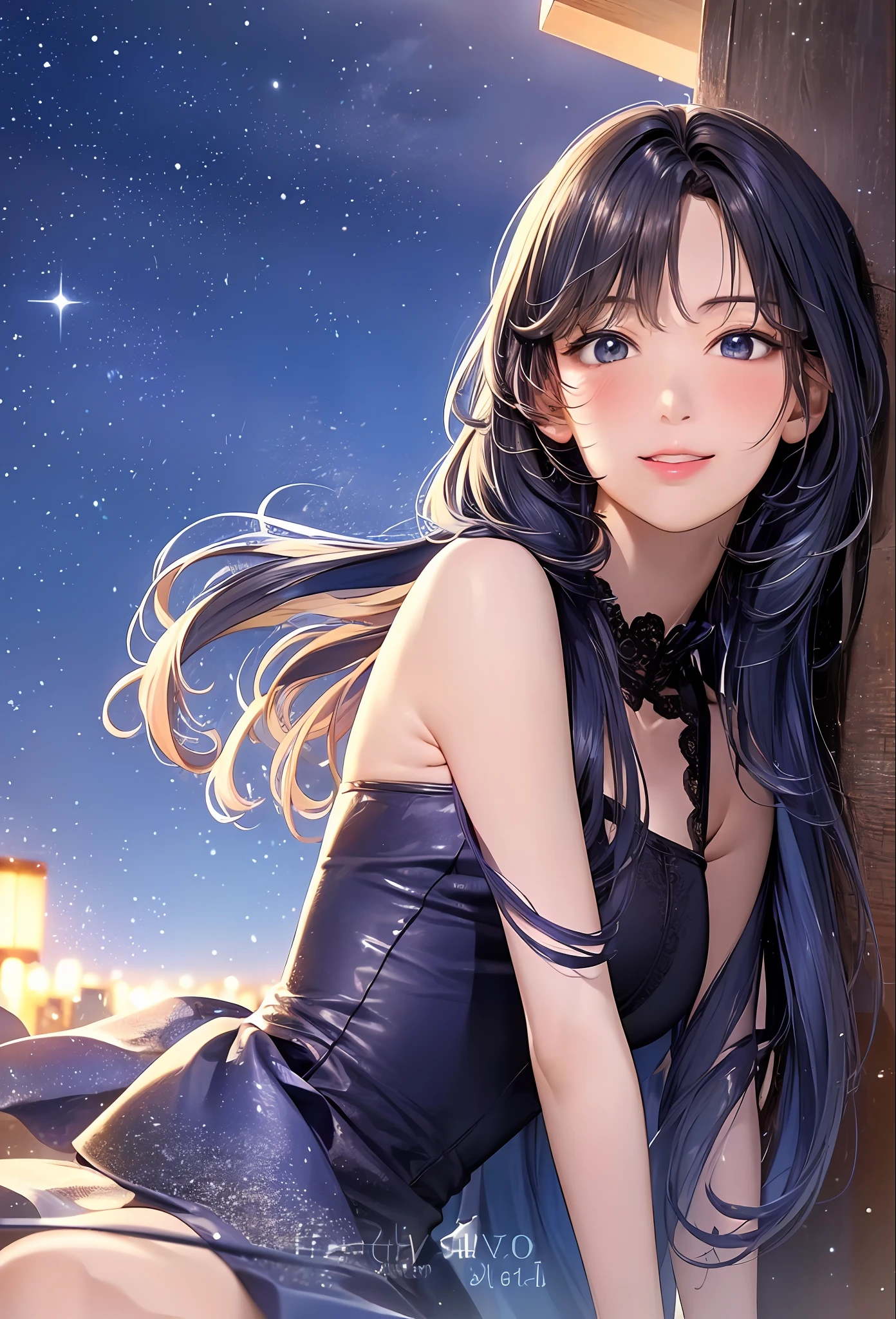(8k, top quality, masterpiece: 1.2), (realistic, photorealistic: 1.37), super detailed, girl single, cute, solo, midnight, beautiful detailed sky, detailed café, sitting, date, (blush), (smile: 1.15), small breasts (mouth closed), beautiful fine eyes, floating hair NovaFrogStyle, back open dress