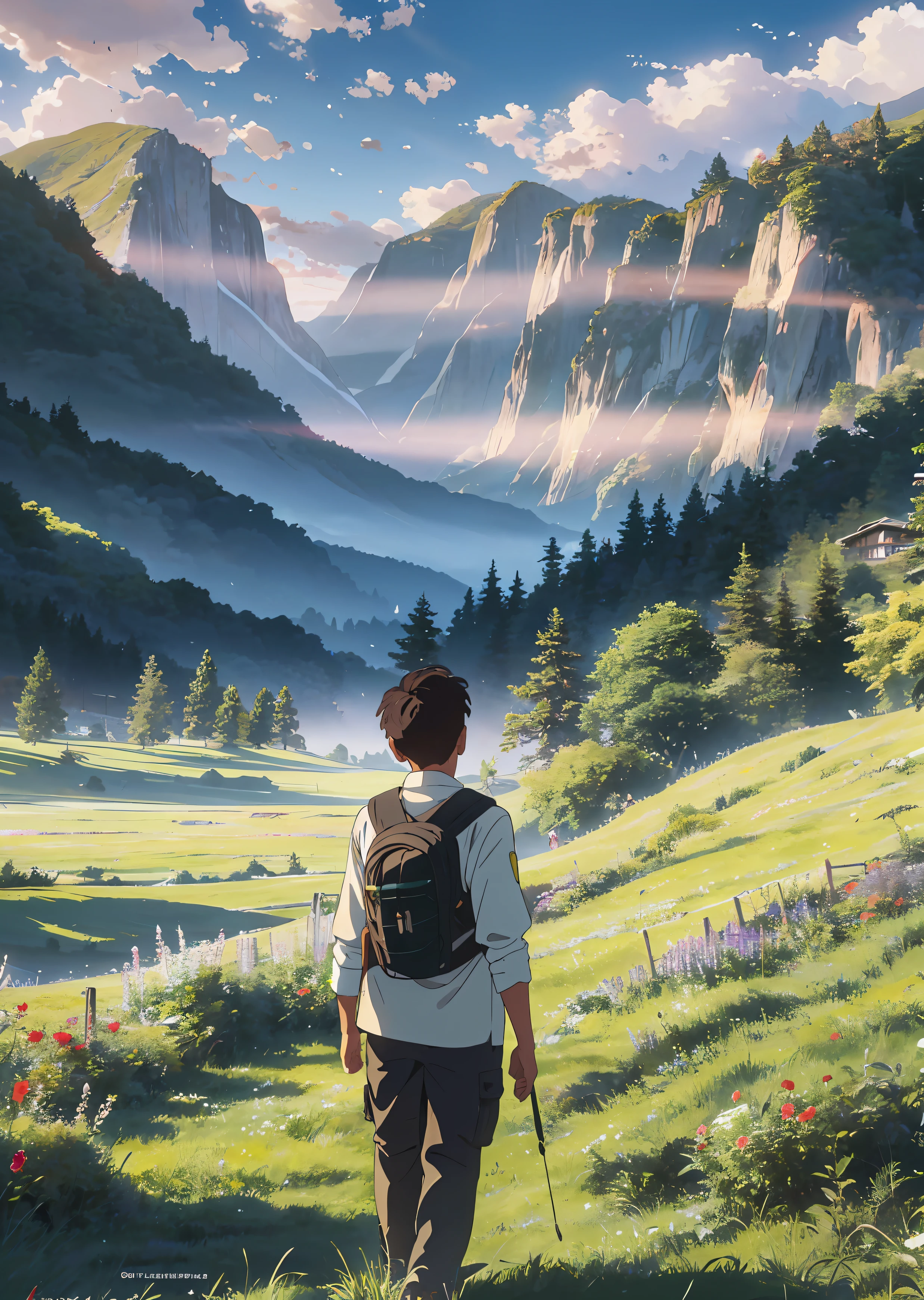 In an idyllic setting, a boy stands in an open field. Lush green grass stretches as far as the eye can see, adorned with wildflowers of various colors and sizes, emitting delicate fragrances. The sky is clear and serene, with a gentle breeze caressing the boy's face. Golden sunlight bathes the landscape, casting a soft, radiant glow that creates an atmosphere of peace and tranquility. On the horizon, majestic mountains rise in layers, shrouded in a gentle mist that adds an air of mystery. Their gentle and imposing shapes blend harmoniously with the surrounding scenery. The boy stands, captivated by the captivating sight before him, filled with awe and a sense of wonder. It's a scene that inspires serenity, reflection, and a deep appreciation for the beauty of the world. --auto --s2