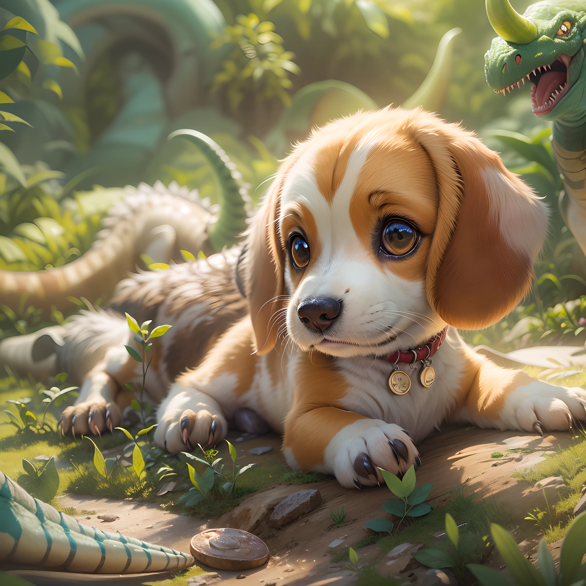 Cute Beagle, masterpiece, Random color, clear skin, round eyes, Decoration of dinosaur horns on the head, Fur necklace decoration, Erase Default Background, Including vivid baby dinosaurs, (Best Illustration), (super detailed CG), ultra-definition, 8K, hoog detail, High Quality, HDR, unreal-engine, Octane rendering, The ultra-Highres, high quality background, Acrylic painting, No background blur, Every detail is clear, correct anatomy