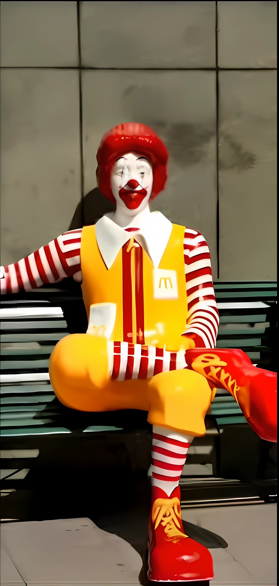 clown dressed in red wig and striped shirt of clown ronald mcdonalds, clown painted face, sentado em um banco, ronald mcdonald, Imagem de Ronald McDonald, Ronald McDonald como um Muppet, pauline hanson as a clown, Penteado vermelho Ronald McDonald, red ronald mcdonald messy hair, Cabelo vermelho de Ronald McDonald, capitalist clown, Mcdonald, wearing accurate clown makeup, communist clown, Stephen King como Pennywise, the clown is far from the camera, sharp facial features