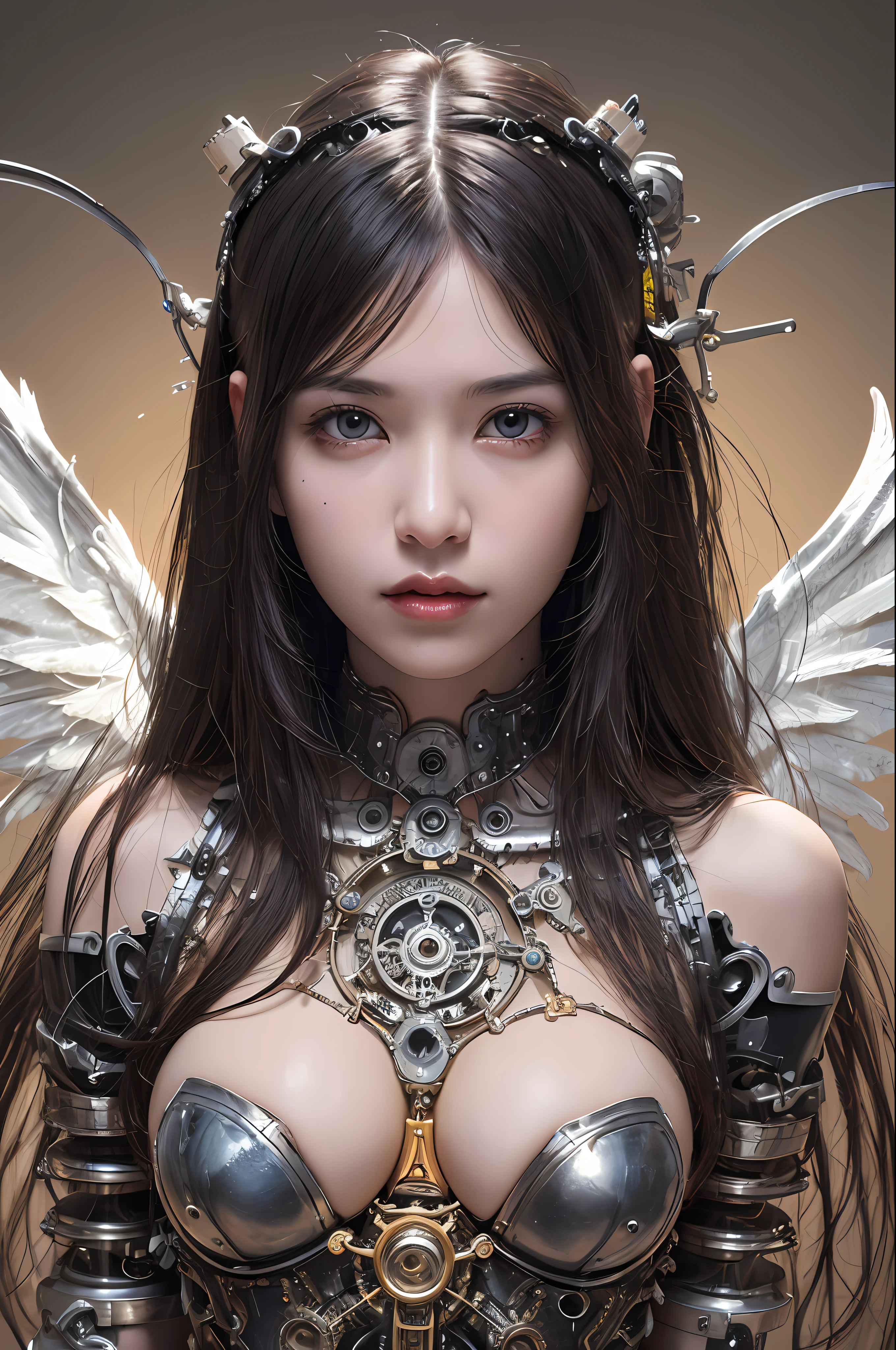 top-quality、masterpiece、超A high resolution、(Photorealsitic:1.4)、Raw photo、1人、Black hair、glowy skin、1 Mechanical Angel、large metal wings、Shining Angel Circle、((super realistic details))、portlate、globalillumination、Shadow、octan render、8K、ultrasharp、Colossal tits、Raw skin is exposed in cleavage、metals、Details of complex ornaments、Steampunk details、vacuum tubes、Nixie Kan、Oil pressure gauge、Glass Kan、Analog Meter、gear wheel、gear、Hydraulic cylinder、highly intricate detail、Realistic light、a purple eye、radiant eyes、Facing the camera、neon details、Mechanical limbs、blood vessels connected to tubes、Mechanical vertebrae attached to the back、mechanical cervical attaching to neck、sitting on、Wires and cables connecting to the head、Small LED lamp、Sumerian details、