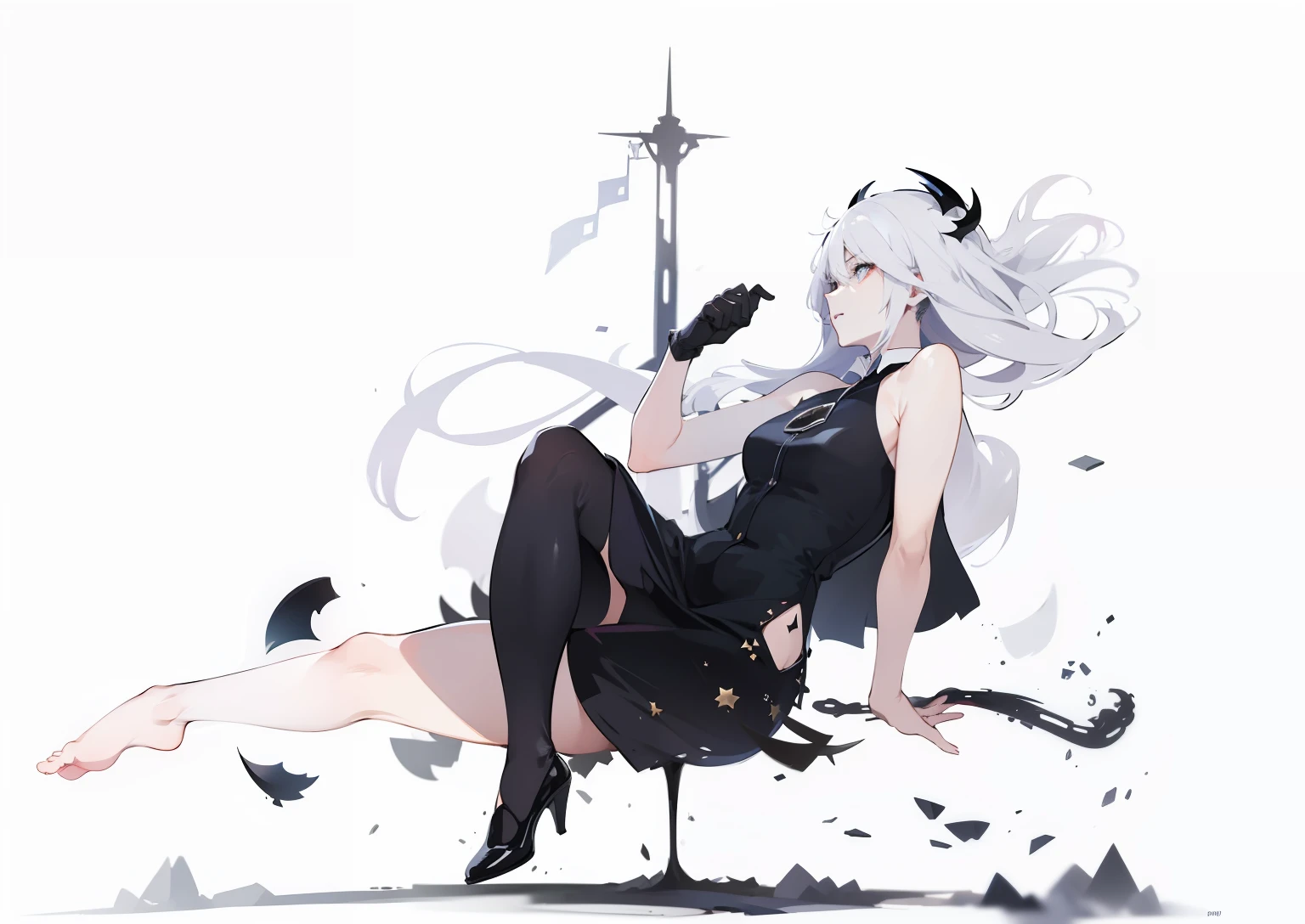 Seize the time big clock background white hair demon left leg wearing black silk,The right leg is dressed in white silk