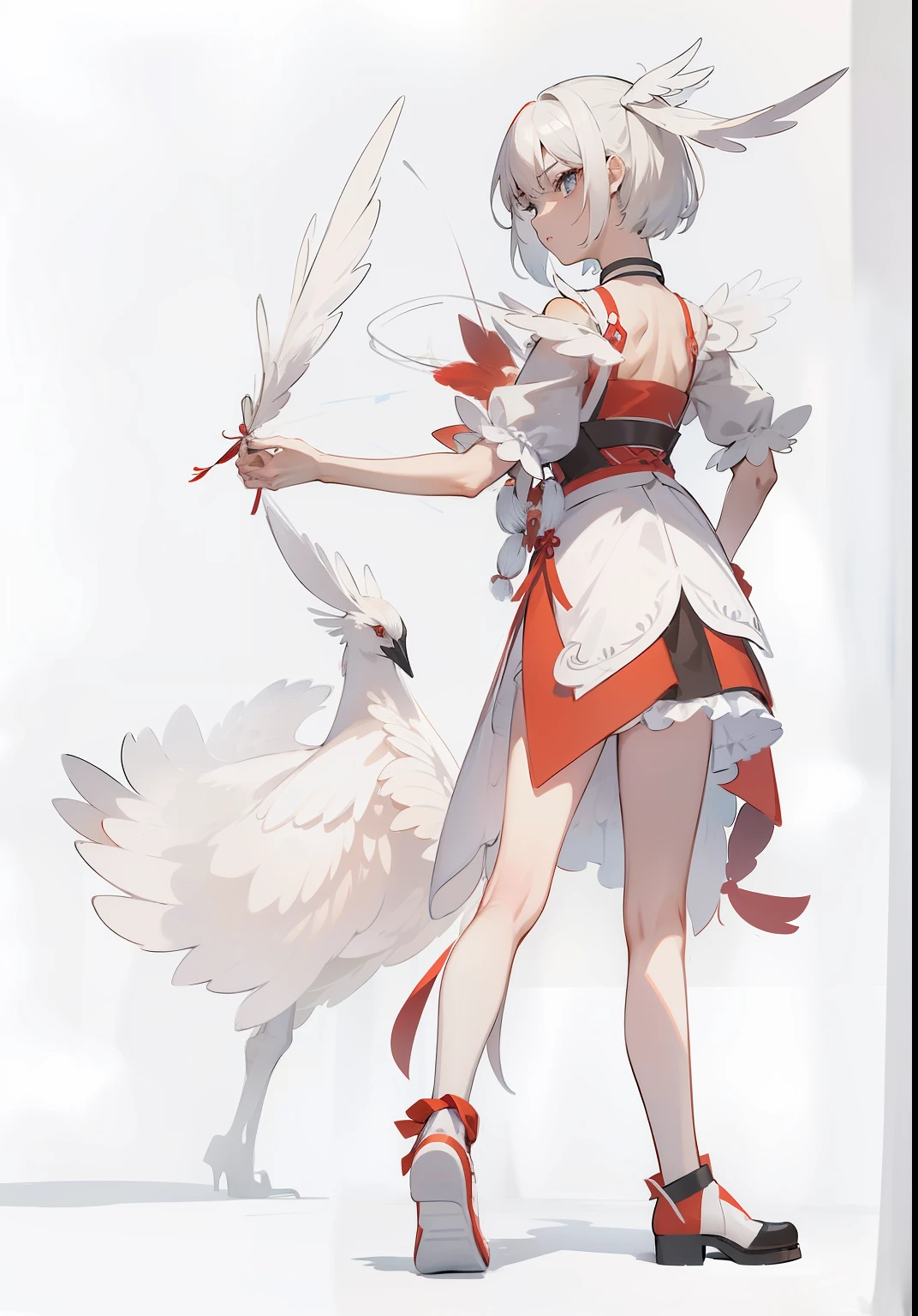 There are two men with black and white hair, and girls wearing red feather dresses,There are cranes flying around, There is also an afterimage of a person on the back