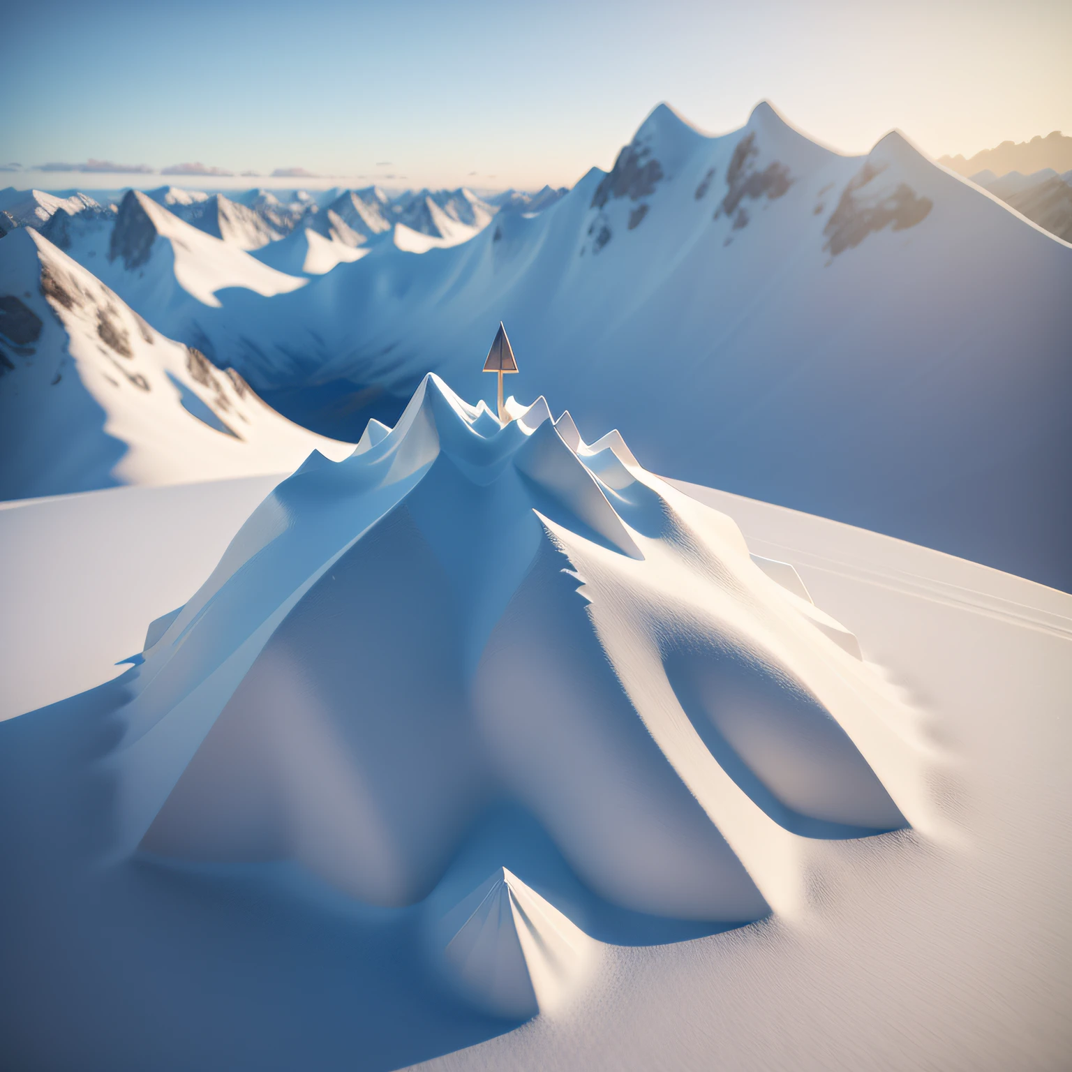 a detailed 3d render photo of a beautiful view on the top of a mountain with snoe