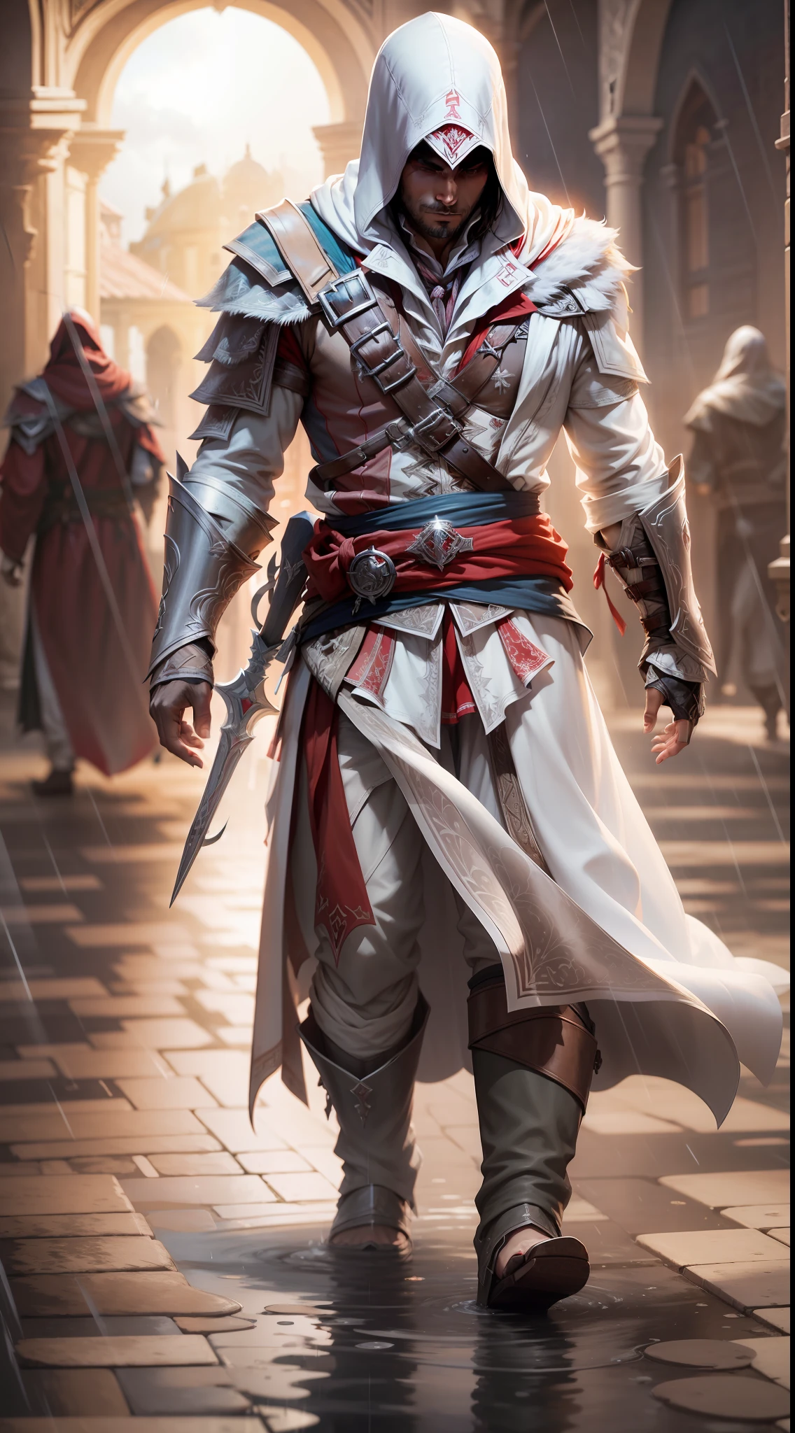 Ezio Auditore, Assassins Creed, white assassin robe, hidden blades, full body, rain, Roma, tearing up, despair, Renaissance, drop shadow, reflection light, god rays, sparkle, border, award winning, high quality, super detail, anatomically correct, masterpiece, highres, 8k, atmospheric perspective, masterpiece