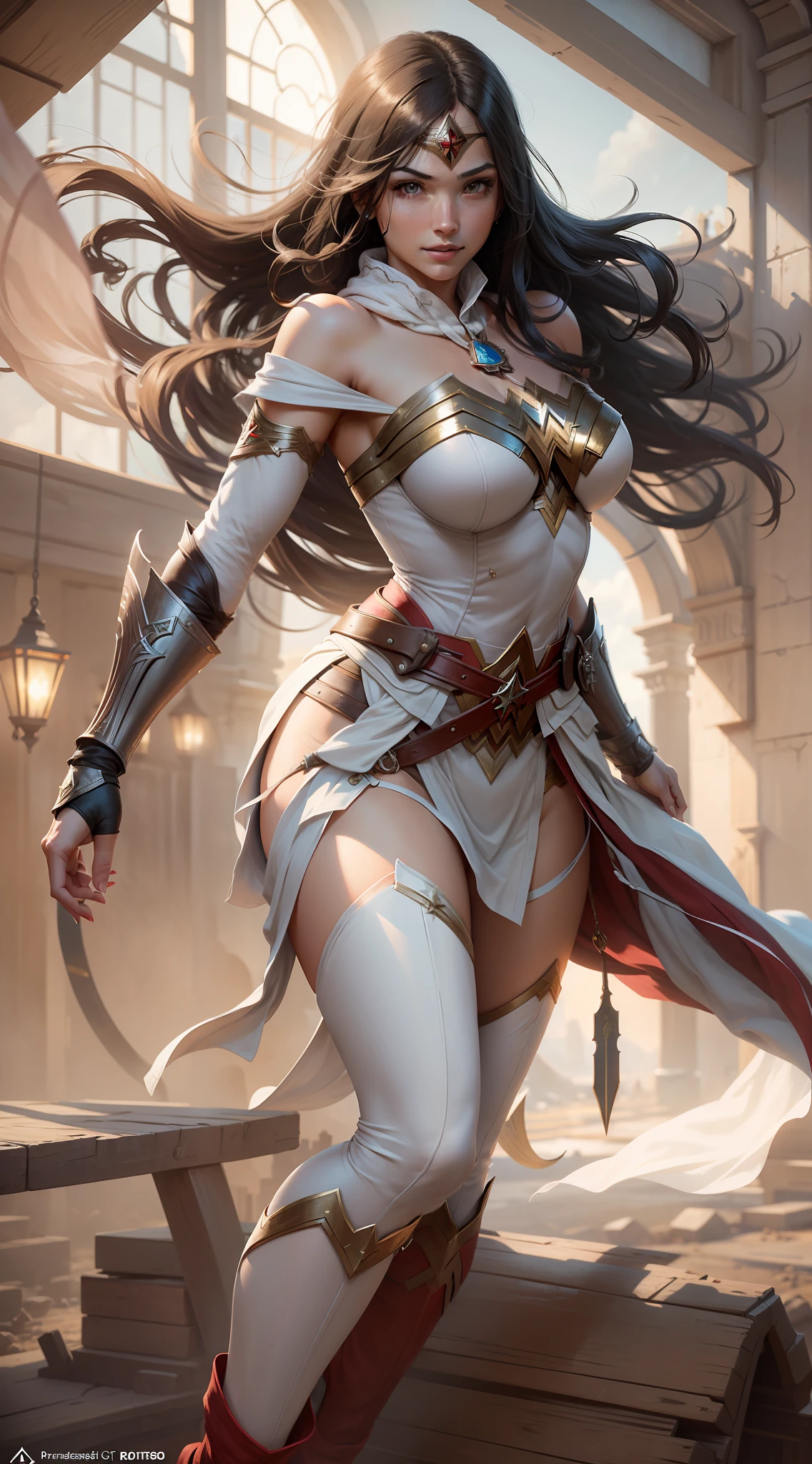 1girl, (masterpiece, top quality, best quality), wonder woman in assassins creed style, assassin white robe, hidden blades, well-defined body, ample bosom, abs, long sport legs, boots on heels, black hair, hair bobbles, wince, longeyelashes, solid circle eyes, light smile, Renaissance, god rays, ray tracing, dutch angle, atmospheric perspective, atmospheric perspective, masterpiece, UHD, ccurate, high details