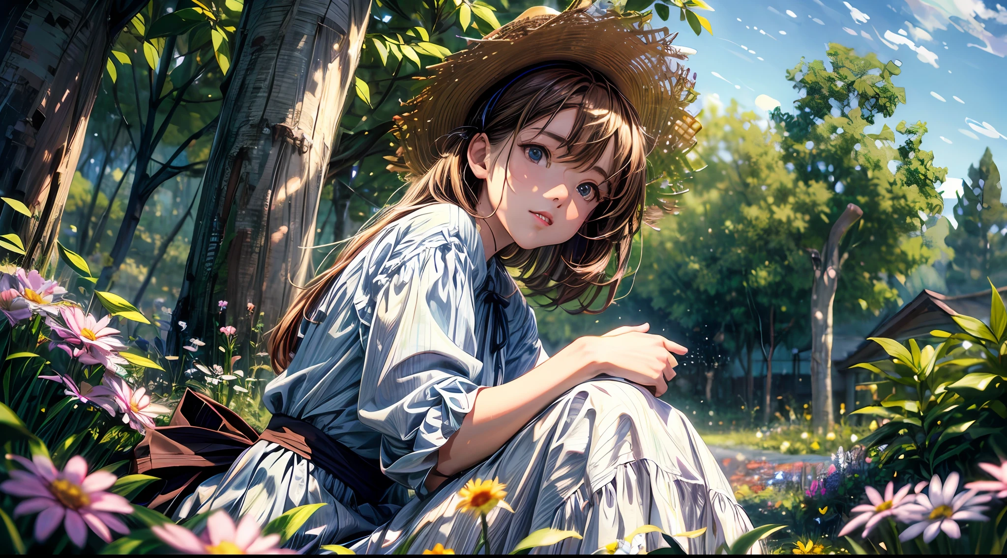 girl, (garden), (sky:1.6), sitting, side shot, flowers, (masterpiece, best quality, perspective, depth of field:1.5), beautiful face, thighs, from below, 8k, raw photo, absurdres, woods, impressionism, Tom Thomson, Claude Monet, Joaquin Sorolla, James Wilson Morrice, John Fabian Carlson, Hugh Henry Breckenridge, HDR, photorealistic, film grain, chromatic aberration, highres, ultra detailed, finely detail, dynamic lighting, dramatic lighting, shadow, sharp focus, extremely detailed eyes and face, sharp pupils, realistic pupils