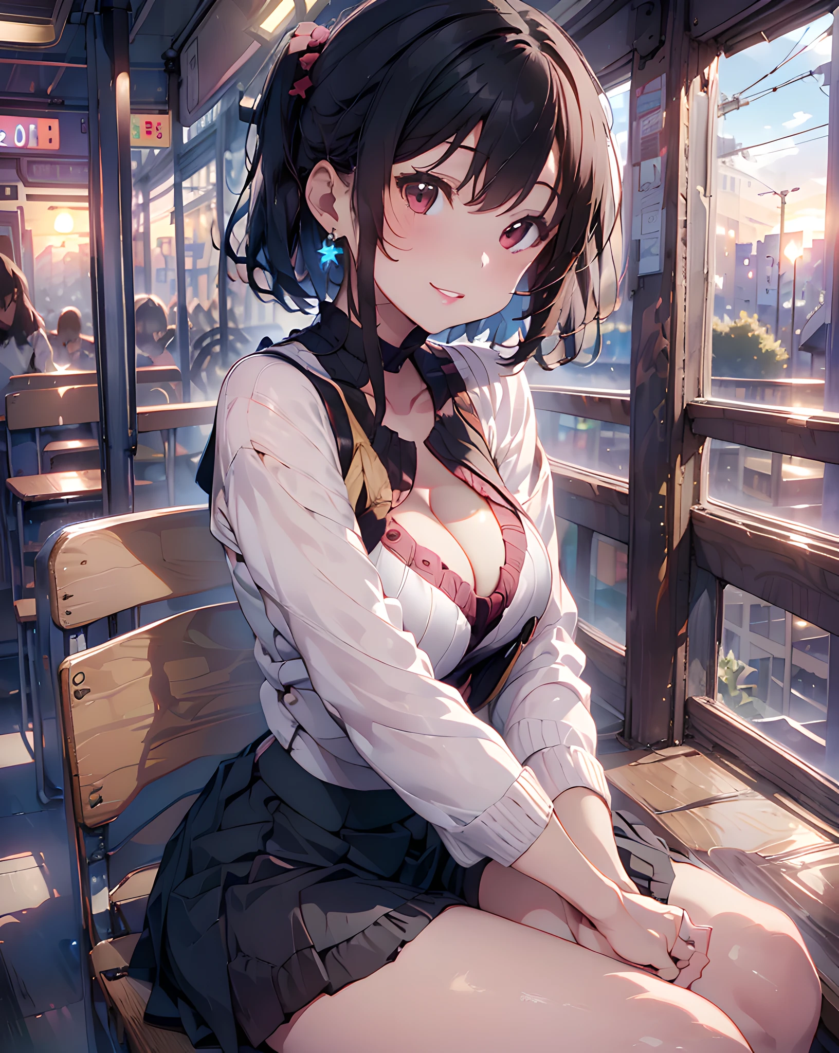 (((Head out of frame:1.5, close-up lips:1.5, from below, POV))), (masterpiece, best quality:1.37), highres, ultra-detailed, ultra-sharp, BREAK, Korean school idol, (((1girl:1.37, solo))), (beautiful anime face, cute face, detailed face), (black hair, thin hair, short hair, bangs, hime-cut), detailed beautiful cyan eyes, BREAK, ((detailed half-sleeve knit:1.5, cleavage cut-out knit:1.5, shorts:1.5), (detailed short box skirt:1.5)), BREAK, lovely look, water melon earing, detailed clothes), light smile, closed mouth, parted lips, pink lipstick, BREAK, ((sitting in the bus,:1.3, arms between legs, cowboy shot)), detailed human hands, HDTV:1.2, ((detailed sunset NY downtown in the bus view background:1.3)), 8 life size, slender:1.15, anime style, anime style school girl, perfect anatomy, perfect proportion, inspiration from Kyoto animation and A-1 picture, late evening, excellent lighting, bright colors, clean lines, photorealistic