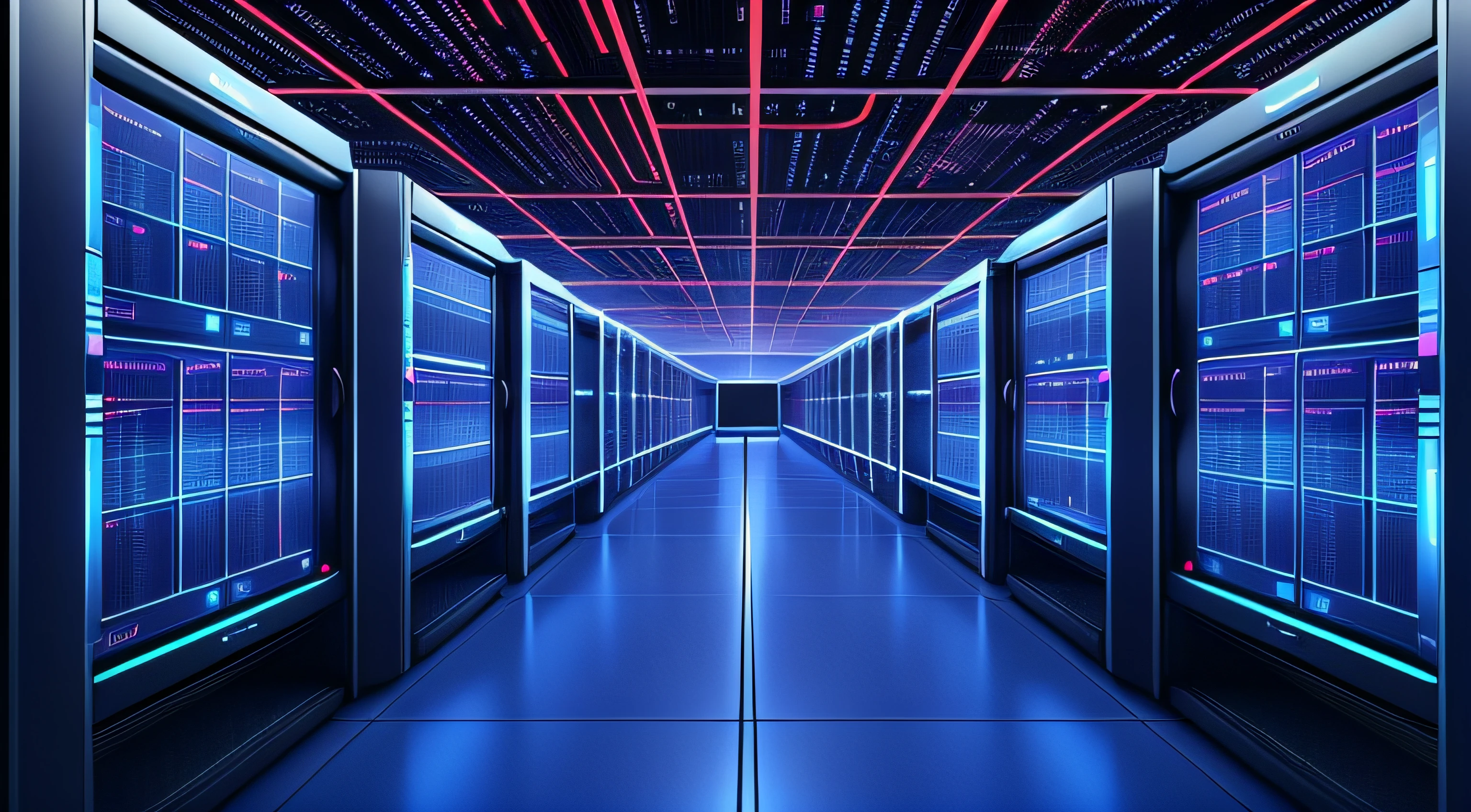 a dimly lit hallway with rows of data and computer screens, background is data server room, hacking into the mainframe, cyber space, in realistic data center, 3840x2160, 3840 x 2160, spaceship hallway background, cyber architecture, surreal cyberspace, in detailed data center