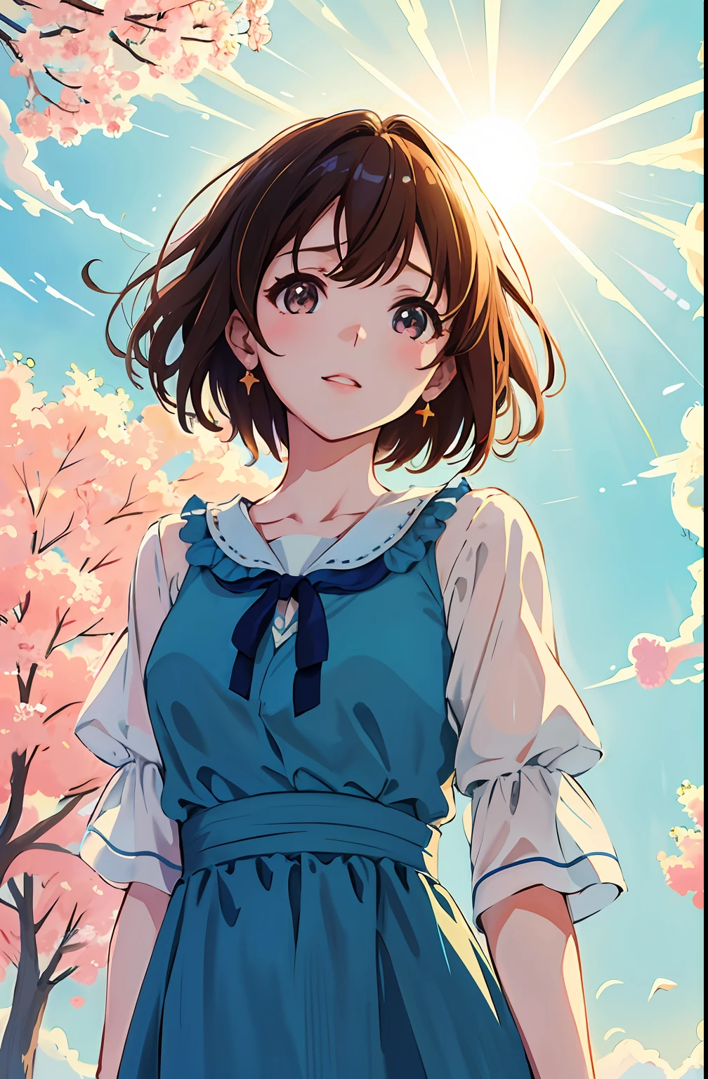 (highres, best quality:1.2), 1girl, radiance, soft contours, beautiful drawing, upper body, concept art, eyelashes, kyoani hyouka style, may, sun, spring, blue sky, detailed background, light blush, bright colors