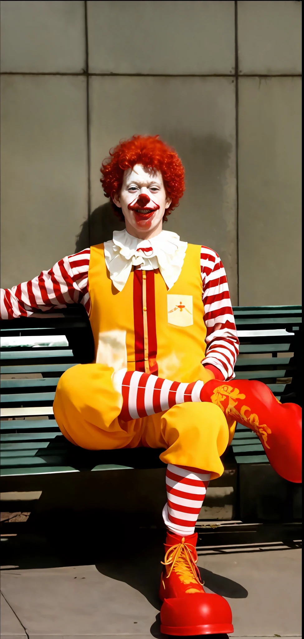clown dressed in red wig and striped shirt of clown ronald mcdonalds, clown painted face, sentado em um banco, ronald mcdonald, Imagem de Ronald McDonald, Ronald McDonald como um Muppet, pauline hanson as a clown, Penteado vermelho Ronald McDonald, red ronald mcdonald messy hair, Cabelo vermelho de Ronald McDonald, capitalist clown, Mcdonald, wearing accurate clown makeup, communist clown, Stephen King como Pennywise, the clown is far from the camera, sharp facial features