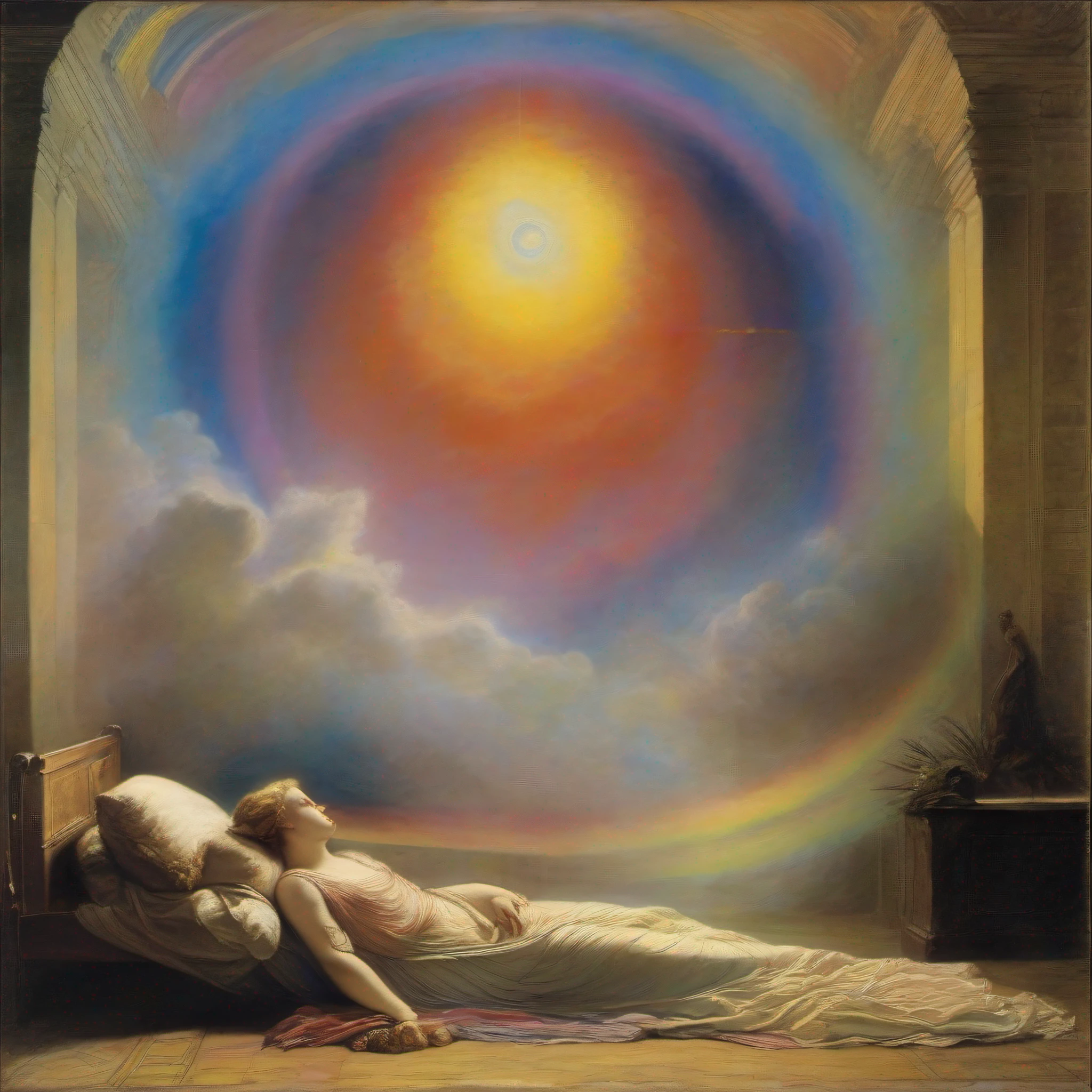 a painting of a woman laying on a bed with a rainbow in the background, by William Blake, william blake and repin, inspired by William Blake, the three marys at the sepulchre, still of rainbow ophanim, beautiful depiction, ethereal rainbows, by Gustav Doré, william blake art exhibit, gustave dore' background, by Gustave Dore, the birth