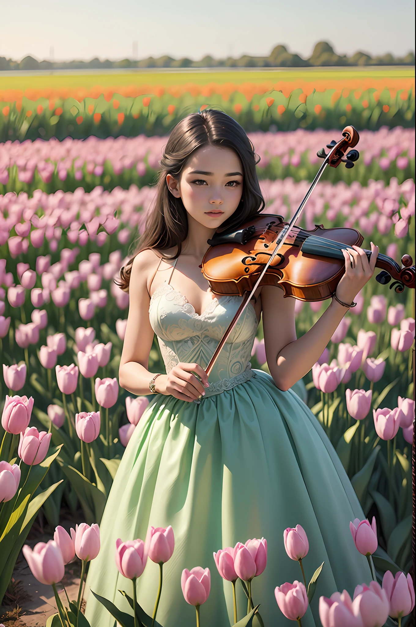 a teenage girl with feminine gown in the field of tulips with violin --auto --s2