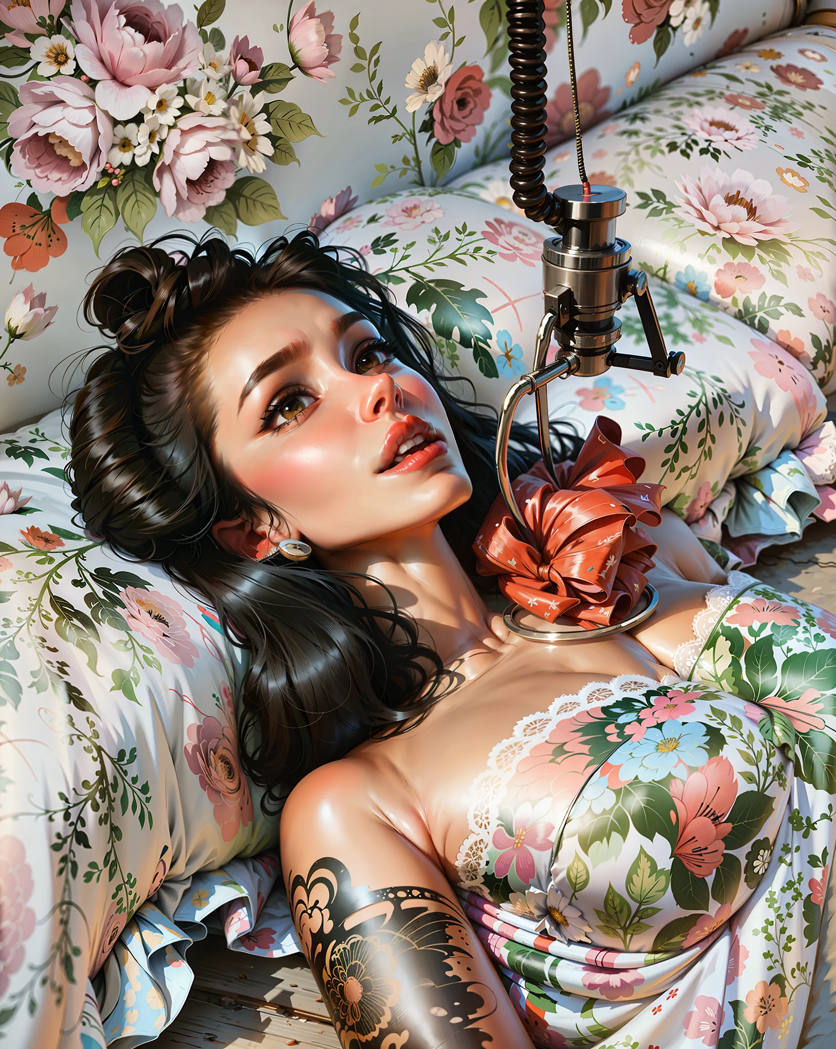 a hyper-realistic portrait of a young woman, in the middle of nature, 22 years old, realistic, (lying on her side), sexy, (huge breasts 2:1), short brown hair, (hair tied with bows), curved, SFW