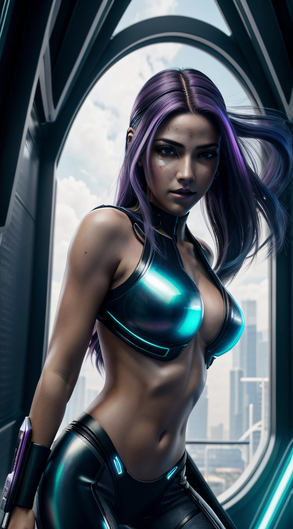 Uma mulher bonita no estilo cyberpunk, com olhos azuis e cabelos brancos em um futurista, hyper realistic, intrincado, hiper detalhado, 8k, cinemactic, fotorrealista, Beleza extrema.