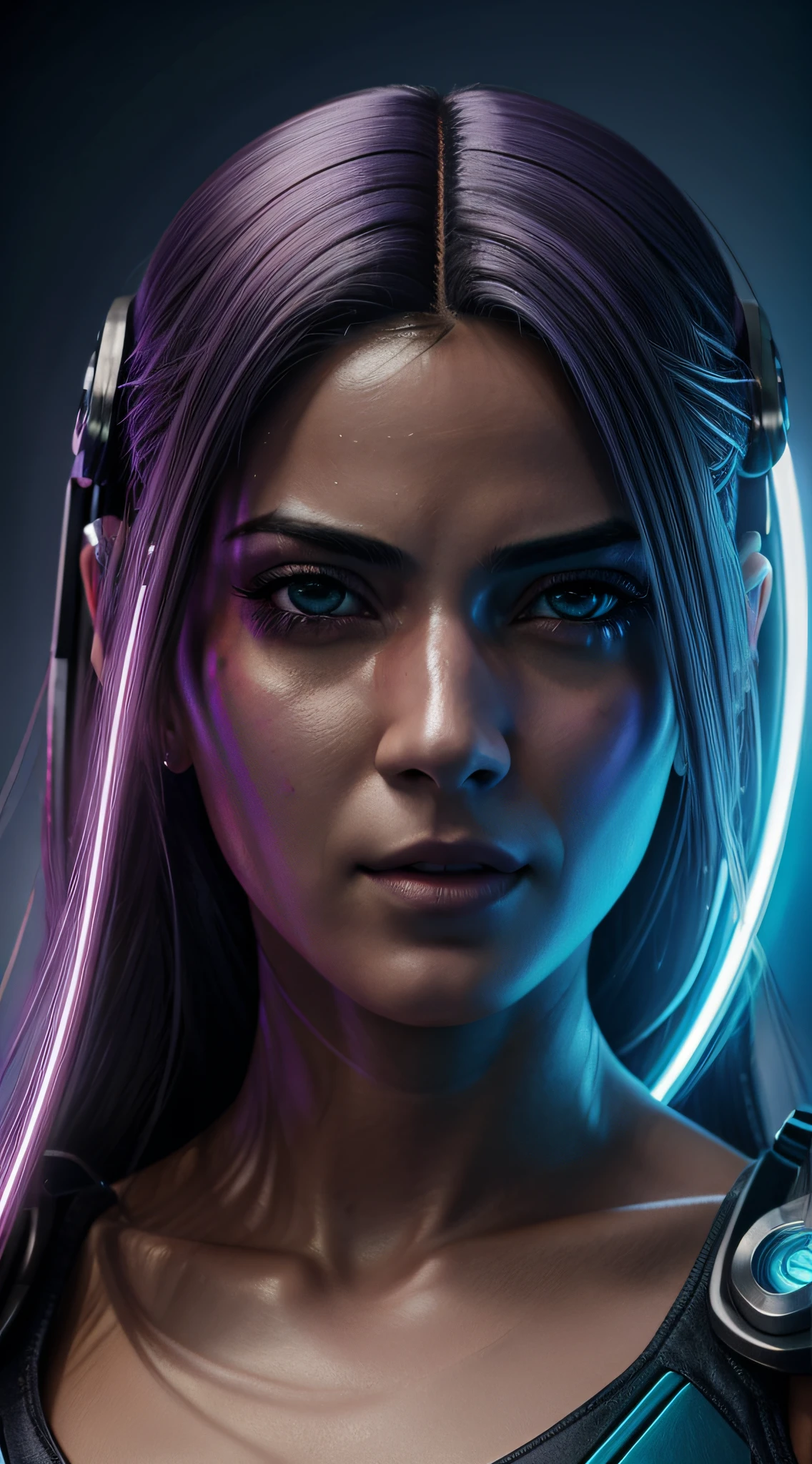 Uma mulher bonita no estilo cyberpunk, com olhos azuis e cabelos brancos em um futurista, hyper realistic, intrincado, hiper detalhado, 8k, cinemactic, fotorrealista, Beleza extrema.