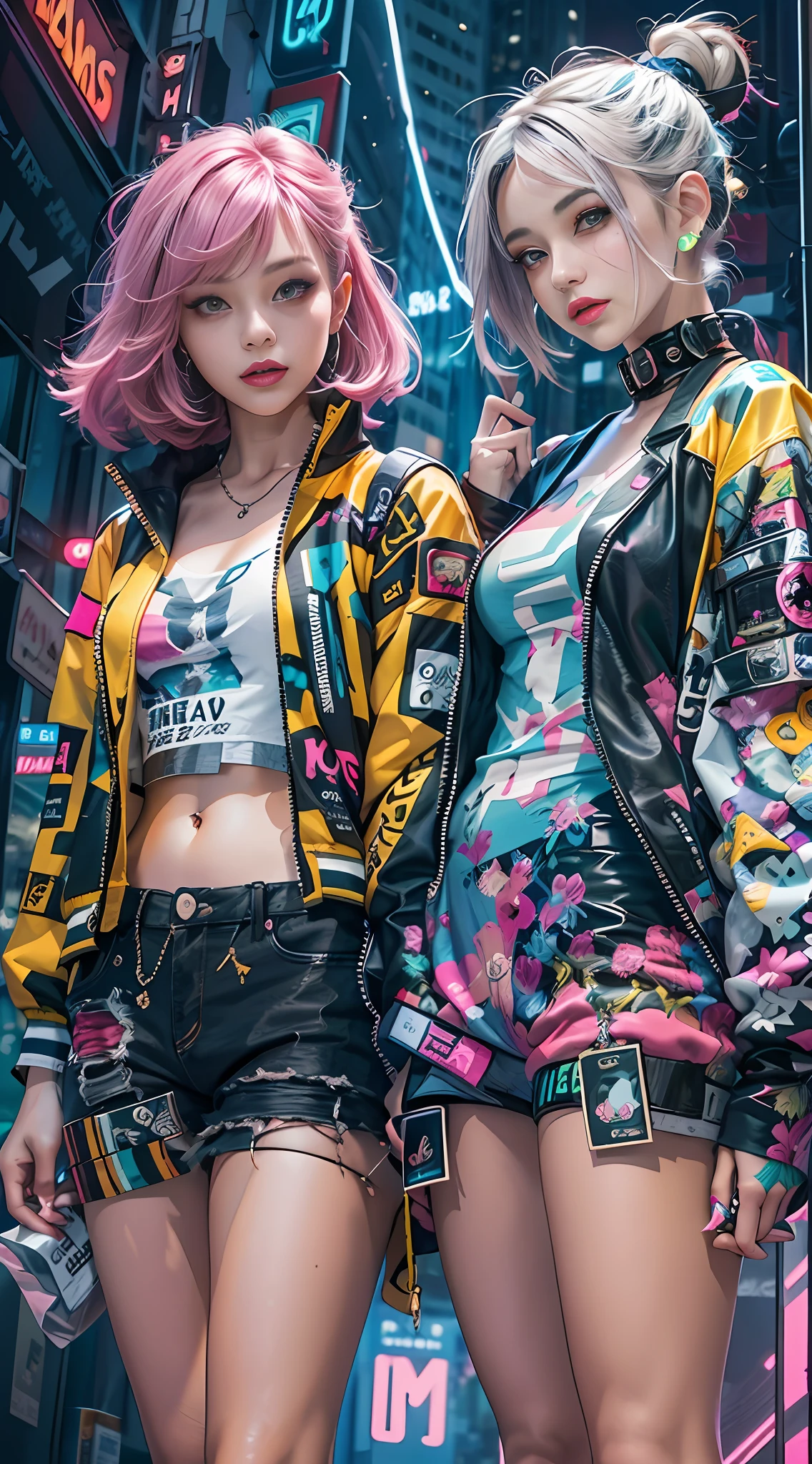 masterpiece, best quality, 2 confident cyberpunk girls holding hands, Harajuku-inspired pop outfit, bold colors and patterns, eye-catching accessories, trendy and innovative hairstyle, vibrant makeup, Cyberpunk dazzling cityscape, skyscrapers, neon signs, LED lights, bright and vivid color scheme, anime, illustration, detailed skin texture, detailed cloth texture, beautiful detailed face, intricate details, ultra detailed.