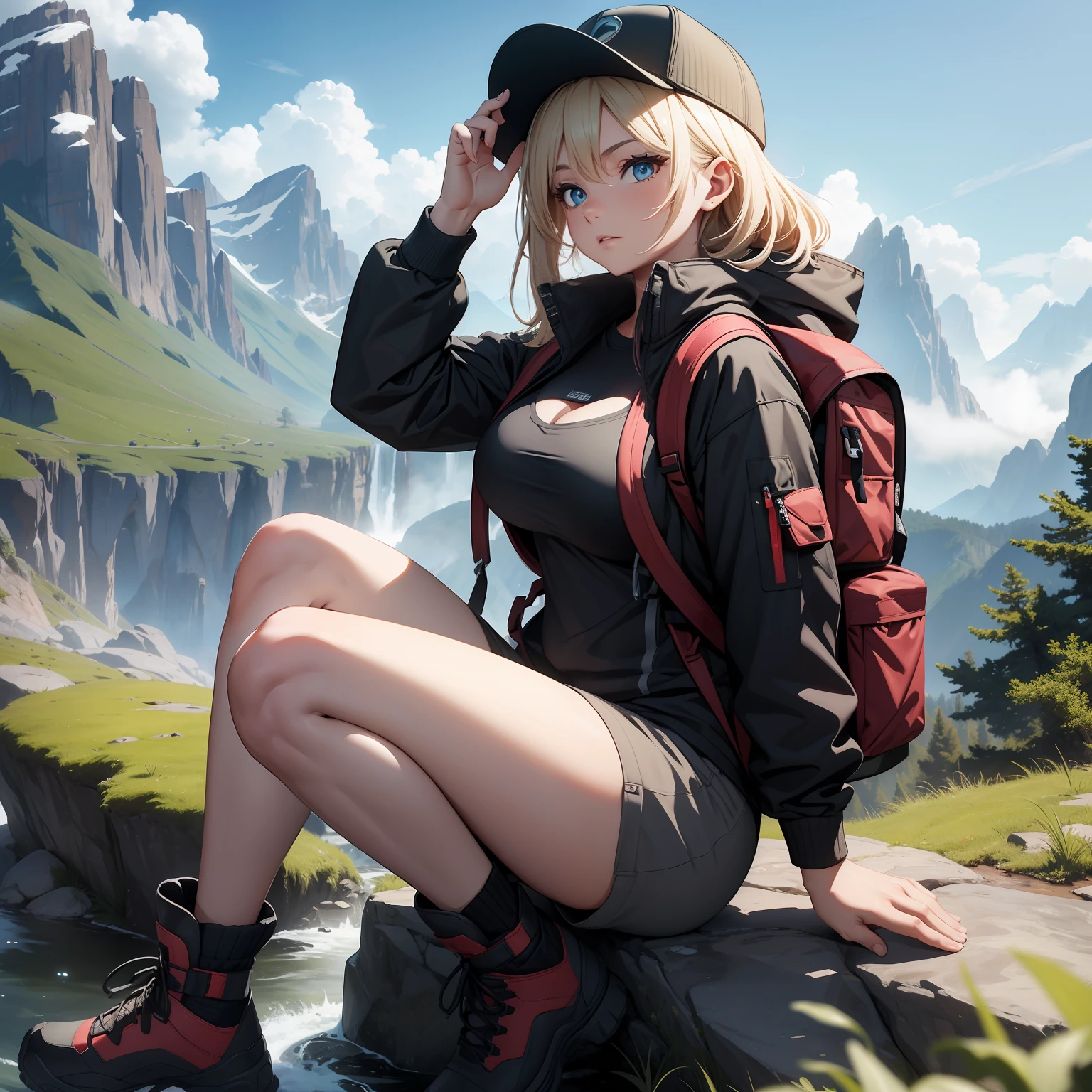 (masterpiece, best quality, ultra HD, 8k, wallpaper), cinematic view, full body view, front view, blonde hair, perfect body, perfect anatomy, curvaceous, alluring, perfect hands, perfect eyes, detailed eyes, large breasts, long round legs, round ass, a tenacious female mountain hiker, aged in her late 20s or early 30s, stands proudly on a rocky outcrop amidst a breathtaking, rugged mountain landscape, she sports a functional yet stylish ensemble, including a high-performance, waterproof hiking jacket in earthy tones, a comfortable moisture-wicking shirt that slightly shows her cleavage, durable hiking shorts, sturdy ankle-high boots, and a compact backpack equipped with a hydration system, completing her outfit are a sporty cap, sunglasses, and a wristwatch, the magnificent mountain range in the background, shrouded in mist and cloaked with lush greenery, adds an untouched beauty of nature to the scene, amongst rugged rocks and colorful wildflowers in the foreground, she conquers the rocky peak, evoking a sense of wonder, determination, and serenity