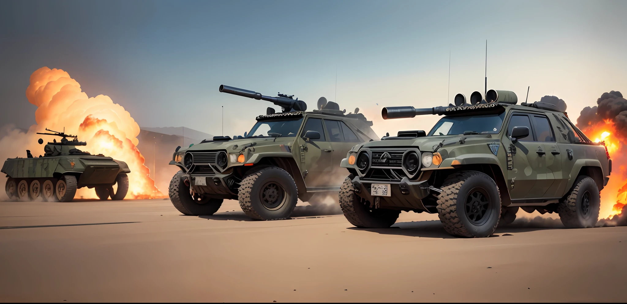 extremadamente detallado soldados en combate con armas modernas nucleares carros y tanques de guerra disparos y explosiones 3ra guerra mundial foto ultra realista --auto