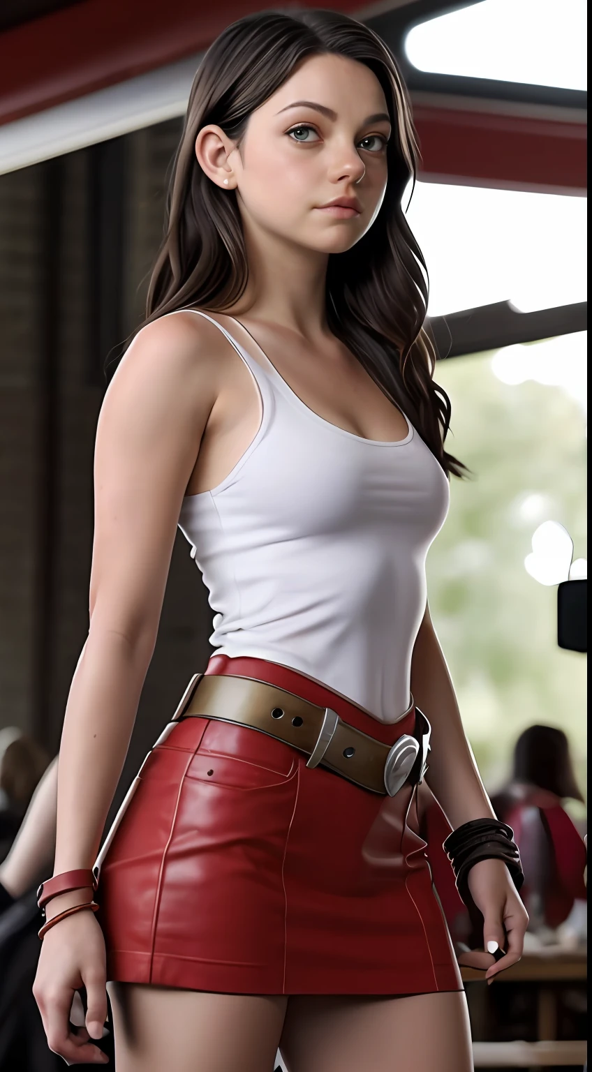 Mila Kunis as a gorgeous Harley Quinn standing on ground at city market, wind in the hair, (8k:1.2) best lighting, perfect masterpiece, hot