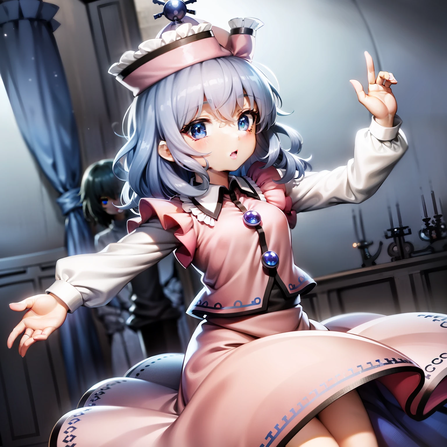 (Masterpiece), Best quality, visage parfait, yeux expressifs, Merlin Prismriver,1fille,a,yeux bleus,cheveux bleus, Cheveux courts, manches longues, jupe,