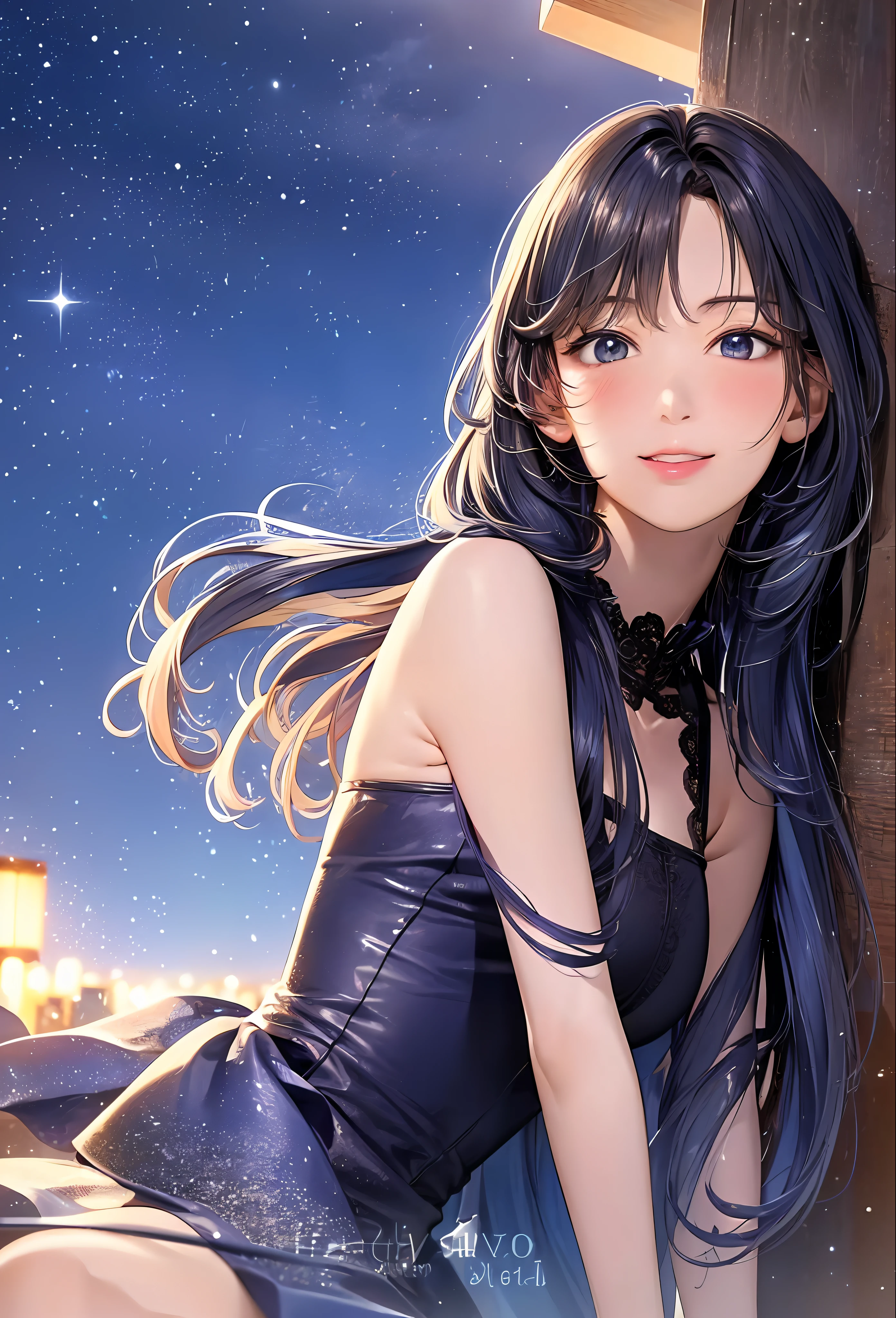 (8k, top quality, masterpiece: 1.2), (realistic, photorealistic: 1.37), super detailed, girl single, cute, solo, midnight, beautiful detailed sky, detailed café, sitting, date, (blush), (smile: 1.15), small breasts (mouth closed), beautiful fine eyes, floating hair NovaFrogStyle, back open dress