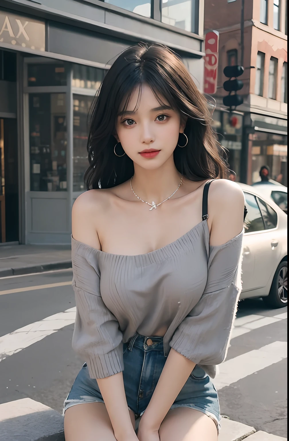 ((jon,Black color hair)), Side Body, (An extremely delicate and beautiful work), (tmasterpiece), 1girll, The ultimate in a delicate knitted top,Delicate denim shorts,beautifullegs, highly detailed, long whitr hair,full bodyesbian, Enchanted smile, beautiful and clear eyes, delicatenecklace, Delicate earrings, Extreme detail description, big breasts beautiful,s delicate face, fine collar bone,lovely lips, Behind the softness, mix4,(8K, RAW photos, best qualtiy, tmasterpiece:1.2), (realisticlying, photograph realistic:1.4), 1girll, adolable, the street,physically-based renderingt