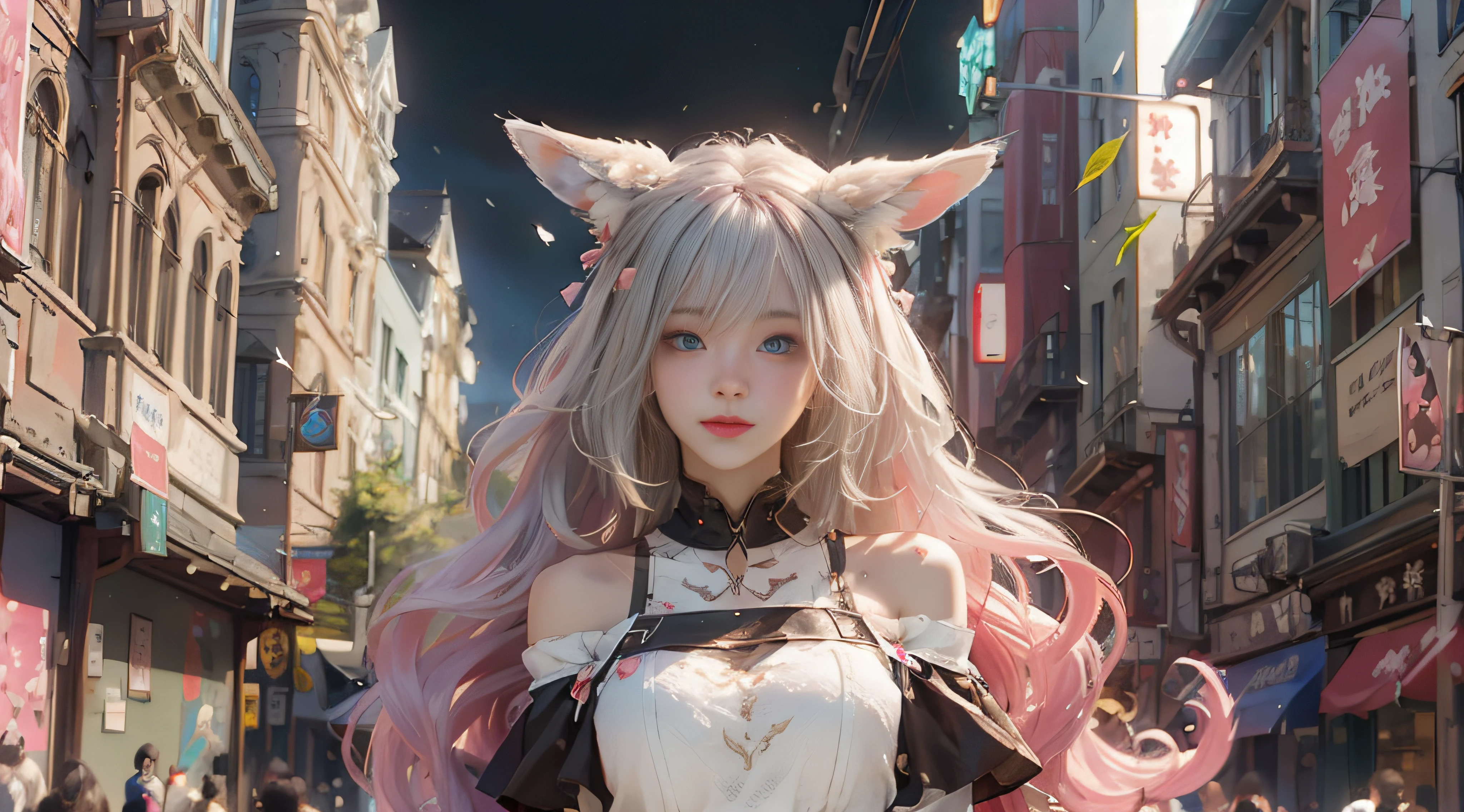 （（best qualtiy））， （（tmasterpiece））， （detail：1.4）， Beautiful cyberpunk female images，hdr（HighDynamicRange），Ray traching，NVIDIA RTX，Hyper-Resolution，illusory 5，sub surface scattering，PBR textures，post-proces，Anisotropy Filtering，depth of fields，maximum definition and sharpness，Many-Layer Textures，Albedo e mapas Speculares，Surface coloring，Mitsu-Accurate simulation of material interactions，perfectly proportioned，rendering by octane，Two-colored light，largeaperture，Low ISO，White balance，Rule three points、8K raw data、Beautiful bright blue pupils，off-the-shoulder clothes，Fine pupils，Delicate face and eyes，long eyelasher，Blushlush，Delicate and fluffy hair，pink lip，Pure，Cute face，Sweet girl，Artistic sense，Casual wear，Advancedsense，butterflys，Cherry blossom petal，Beautiful hair accessories，Long hair and waist，Hair fluttering in the wind，Snow-white fox ears，curlies，Snow-white fluffy tail