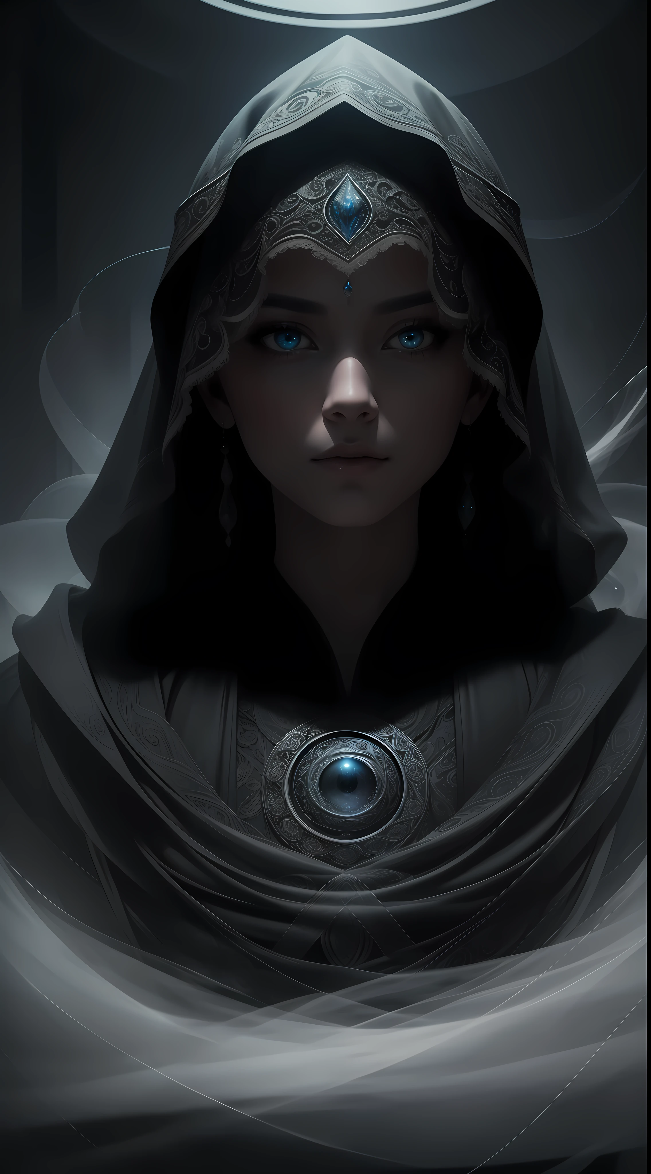 A stunning portrait of a mysterious figure shrouded in delicate, swirling mist, their eyes emanating a sense of wisdom and wonder. The ultra HD rendering captures every intricate detail, making it a mesmerizing centerpiece for any space.