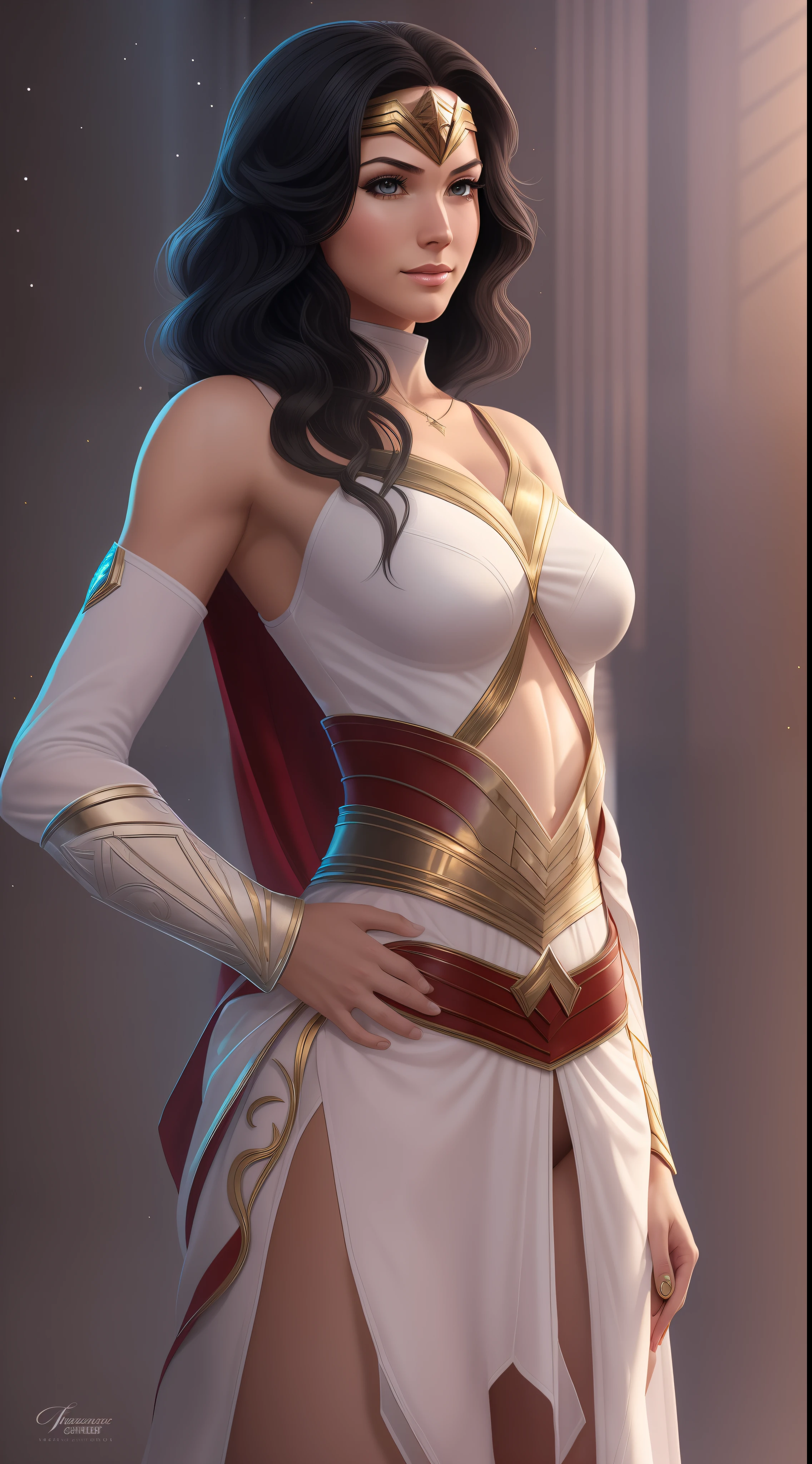 1girl, (masterpiece, top quality, best quality), wonder woman in assassins creed style, assassin white robe, hidden blades, well-defined body, ample bosom, abs, long sport legs, boots on heels, black hair, hair bobbles, wince, longeyelashes, solid circle eyes, light smile, Renaissance, drop shadow, reflection light, god rays, sparkle, border, award winning, high quality, super detail, anatomically correct, masterpiece, highres, 8k, atmospheric perspective, masterpiece