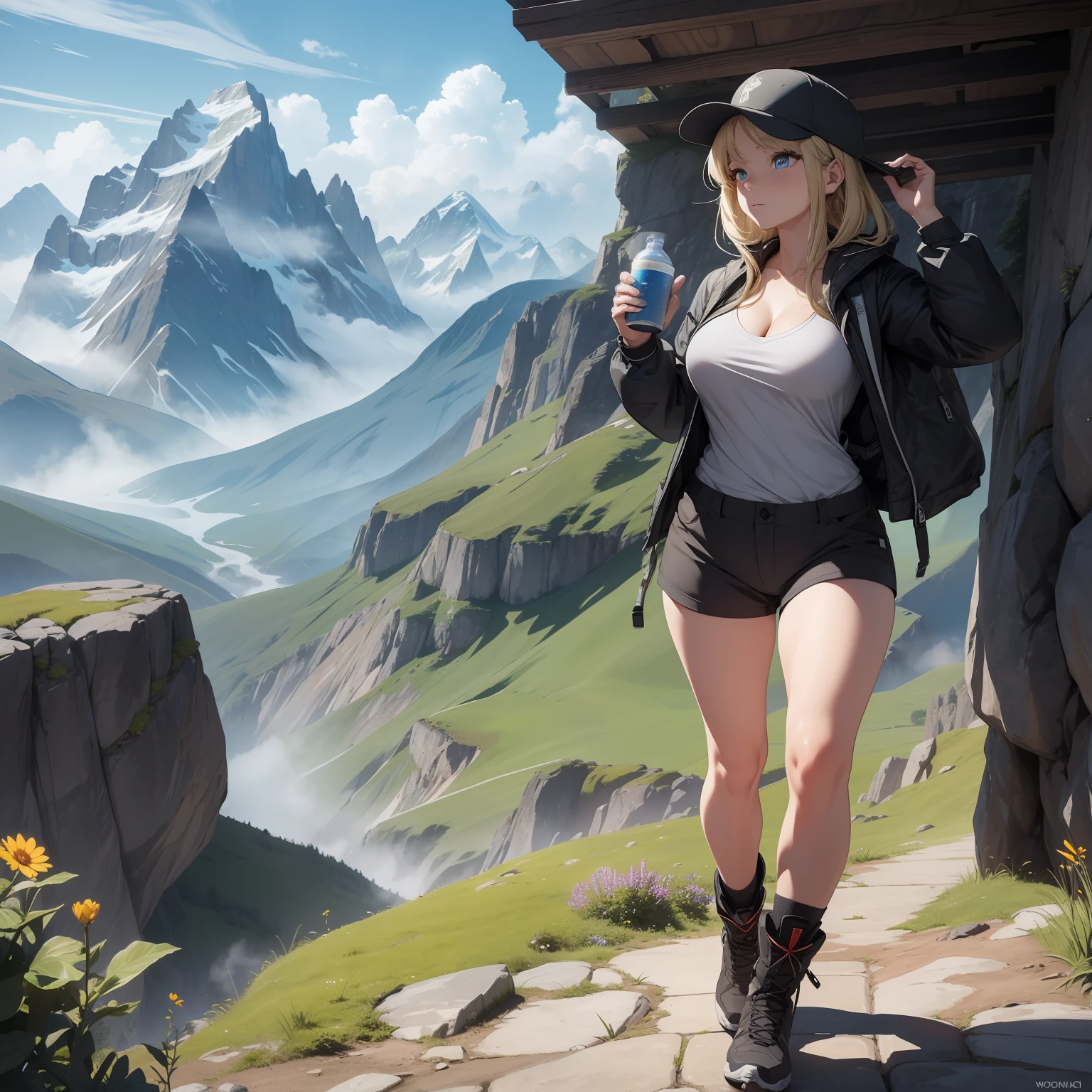 (masterpiece, best quality, ultra HD, 8k, wallpaper), cinematic view, full body view, front view, blonde hair, perfect body, perfect anatomy, curvaceous, alluring, perfect hands, perfect eyes, detailed eyes, large breasts, long round legs, round ass, a tenacious female mountain hiker, aged in her late 20s or early 30s, stands proudly on a rocky outcrop amidst a breathtaking, rugged mountain landscape, she sports a functional yet stylish ensemble, including a high-performance, waterproof hiking jacket in earthy tones, a comfortable moisture-wicking shirt that slightly shows her cleavage, durable hiking shorts, sturdy ankle-high boots, and a compact backpack equipped with a hydration system, completing her outfit are a sporty cap, sunglasses, and a wristwatch, the magnificent mountain range in the background, shrouded in mist and cloaked with lush greenery, adds an untouched beauty of nature to the scene, amongst rugged rocks and colorful wildflowers in the foreground, she conquers the rocky peak, evoking a sense of wonder, determination, and serenity